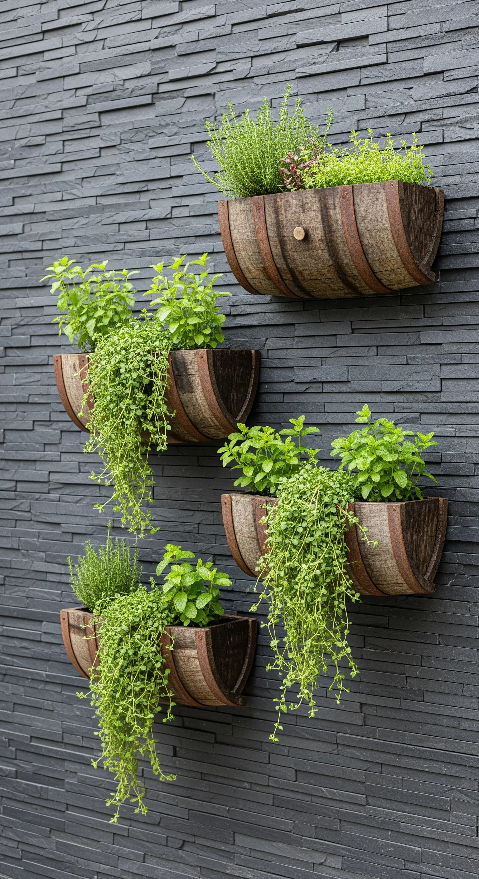 Mezze botti di legno montate su una parete di ardesia come fioriere verticali per erbe aromatiche.