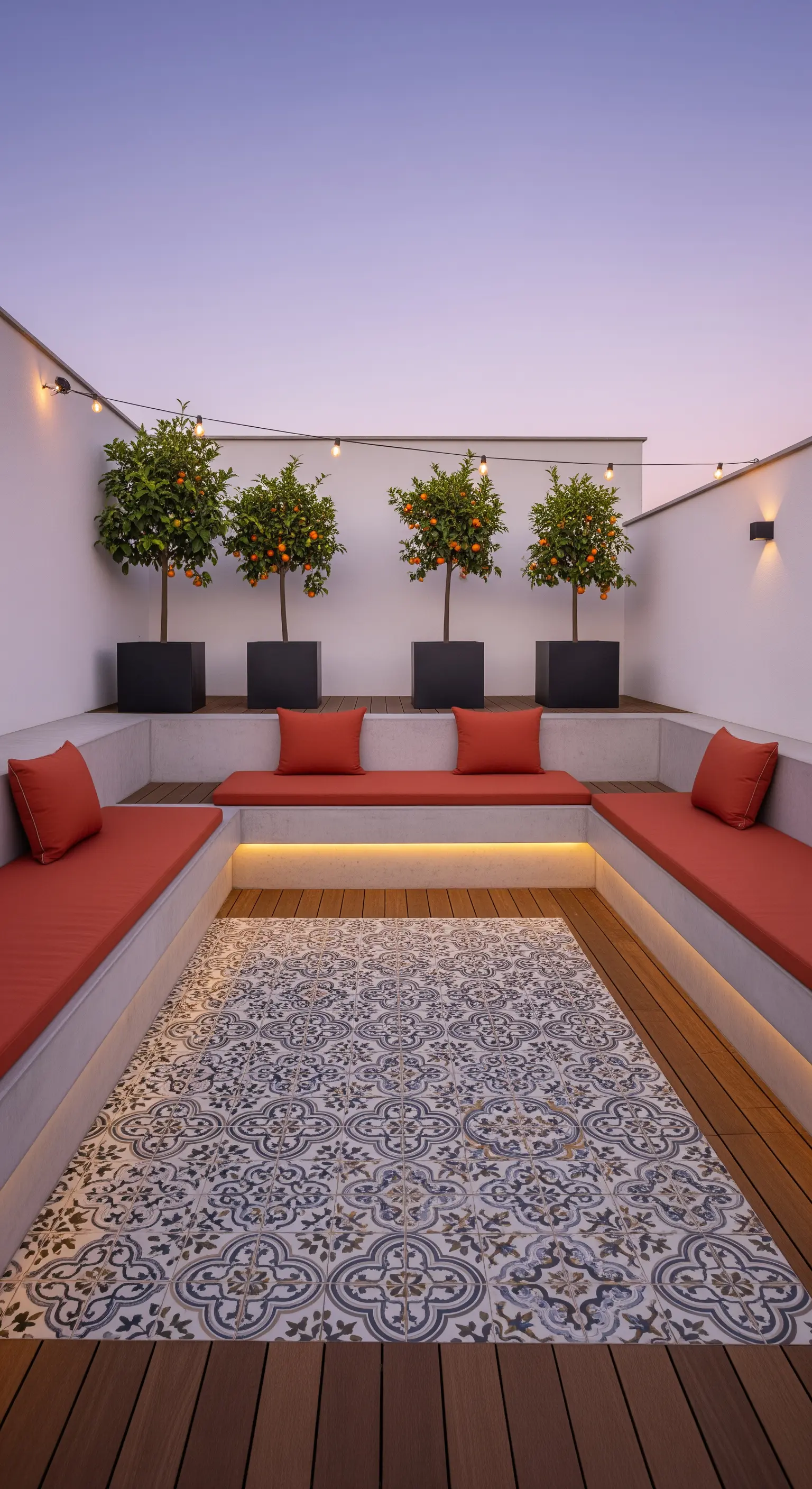 Salotto outdoor incassato con sedute in muratura, cuscini rossi e pavimento in maioliche