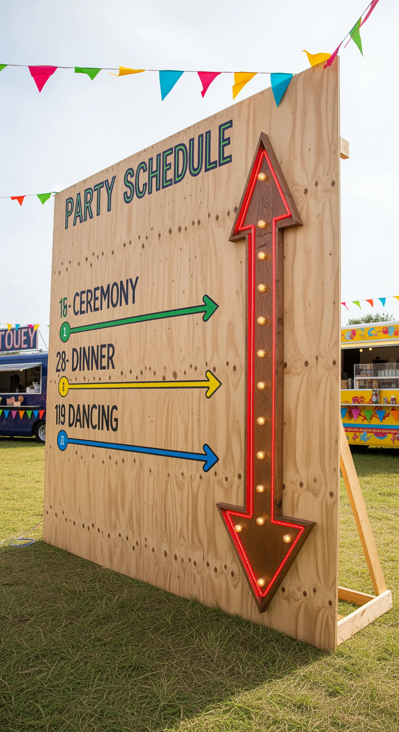 Grande pannello in compensato con il programma di una festa e una freccia luminosa verticale.