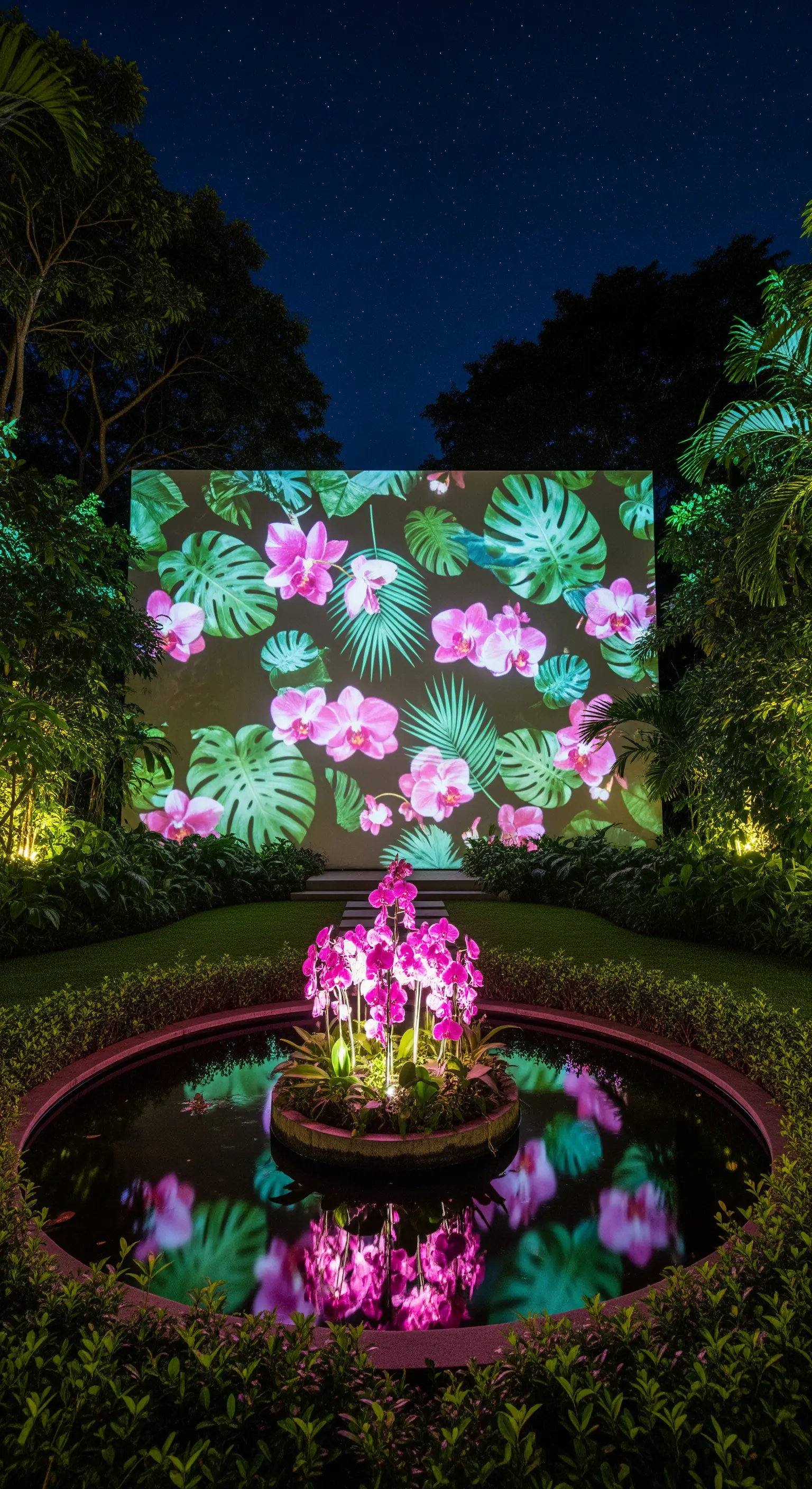 Parete di un giardino con una proiezione di foglie tropicali e orchidee rosa.