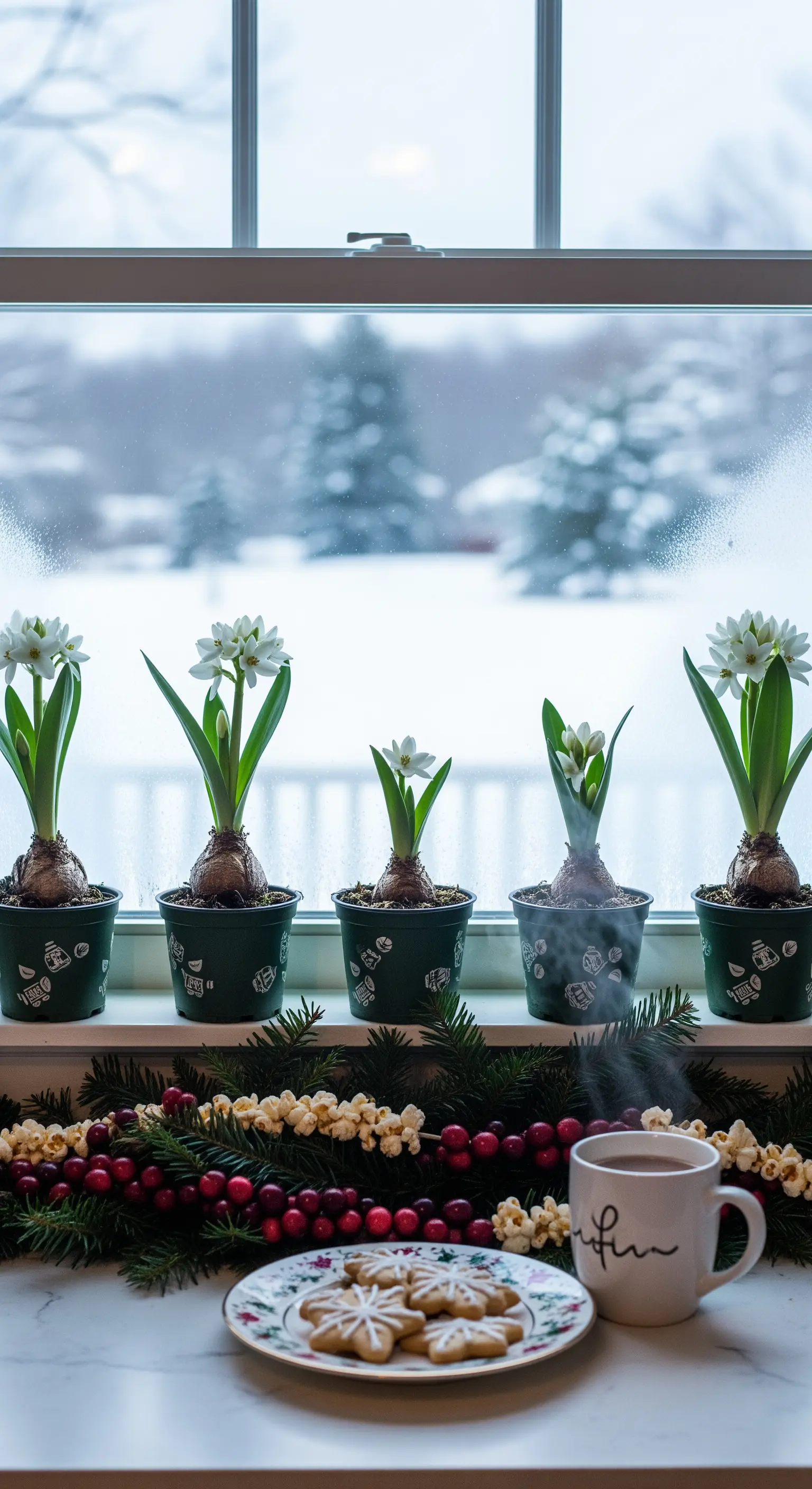 Davanzale di una finestra con vista innevata, decorato con bulbi in fiore e una ghirlanda di popcorn.