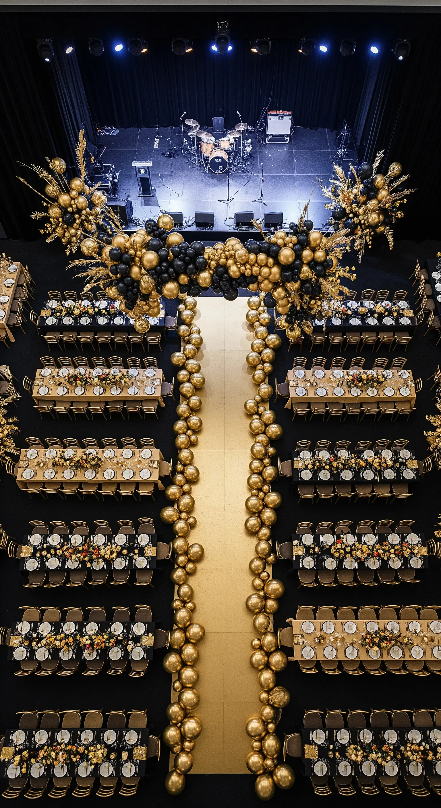 Vista dall'alto di una sala ricevimenti con un lungo corridoio definito da palloncini.