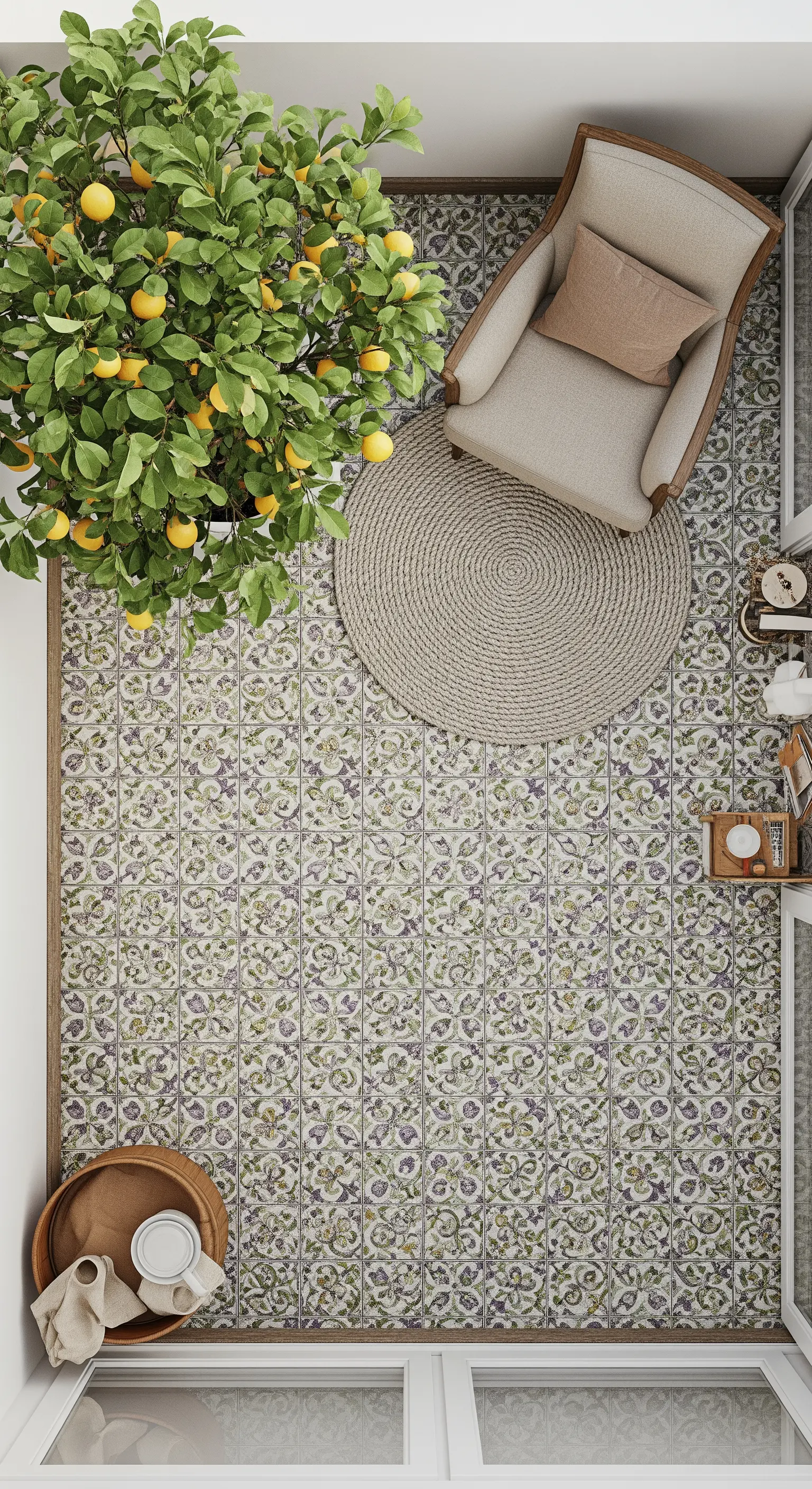 Vista dall'alto di un piccolo balcone con pavimento a maioliche, poltrona e tappeto rotondo.