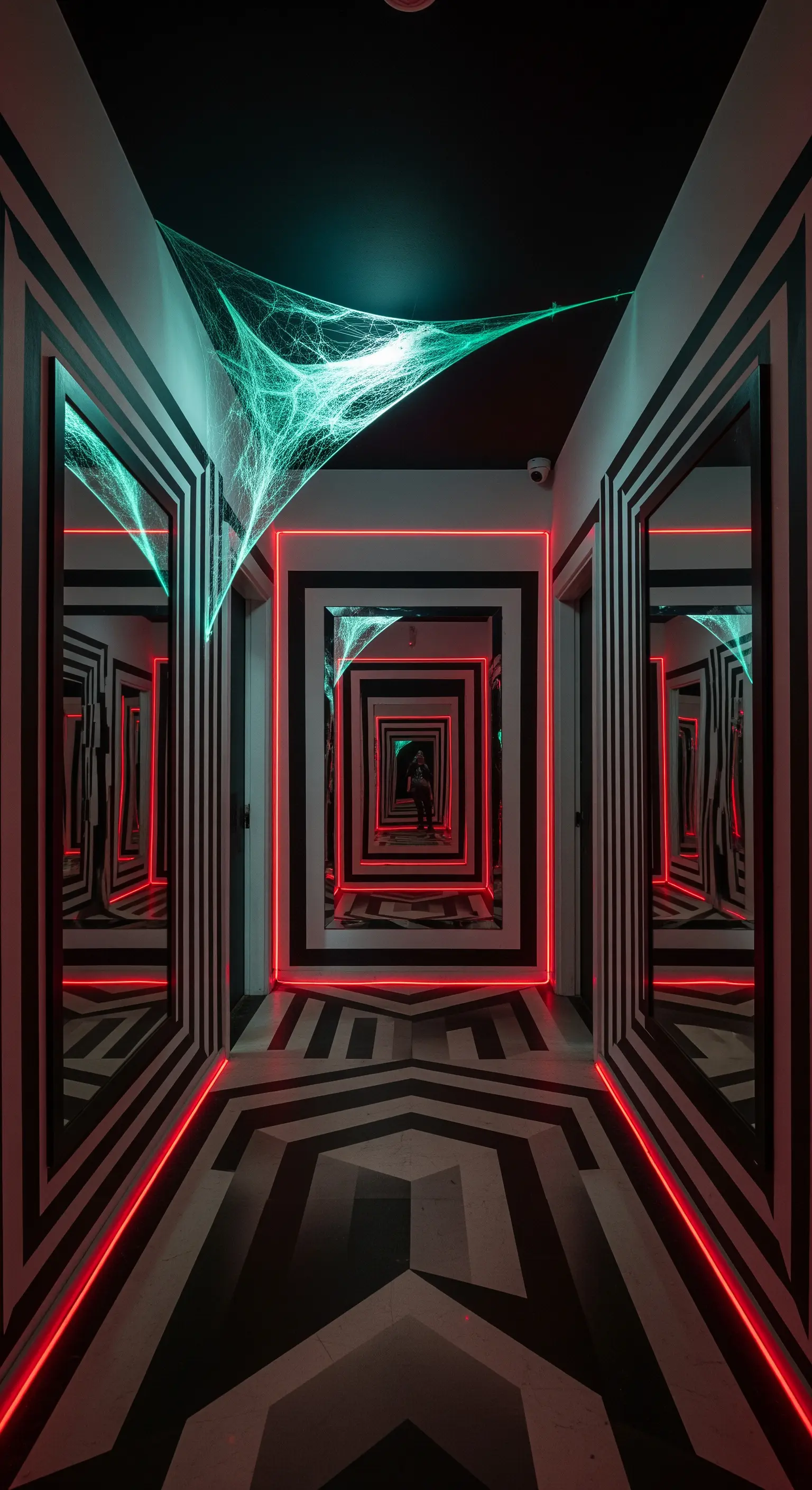 Corridoio con pattern geometrico bianco e nero, neon rossi e verdi.