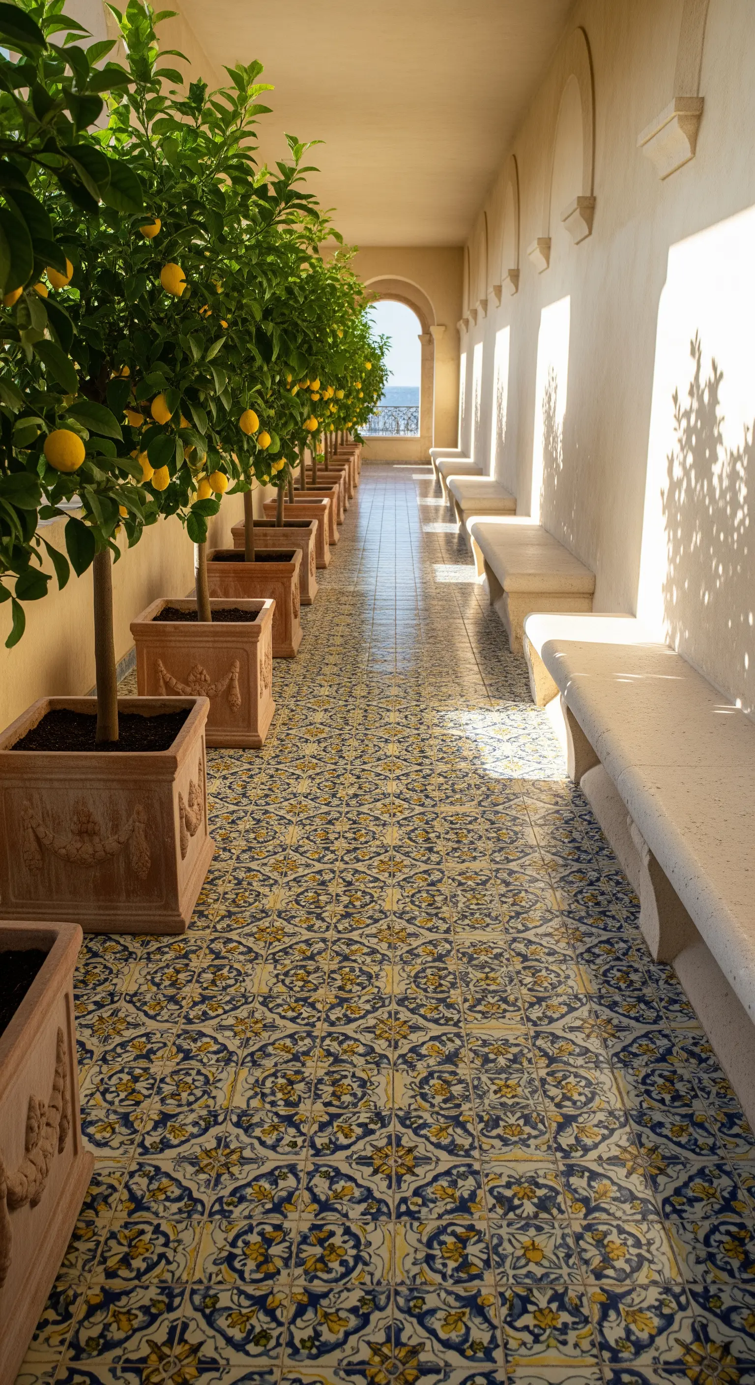 Lungo corridoio esterno con pavimento a maioliche, una fila di limoni e giochi di luce e ombra.