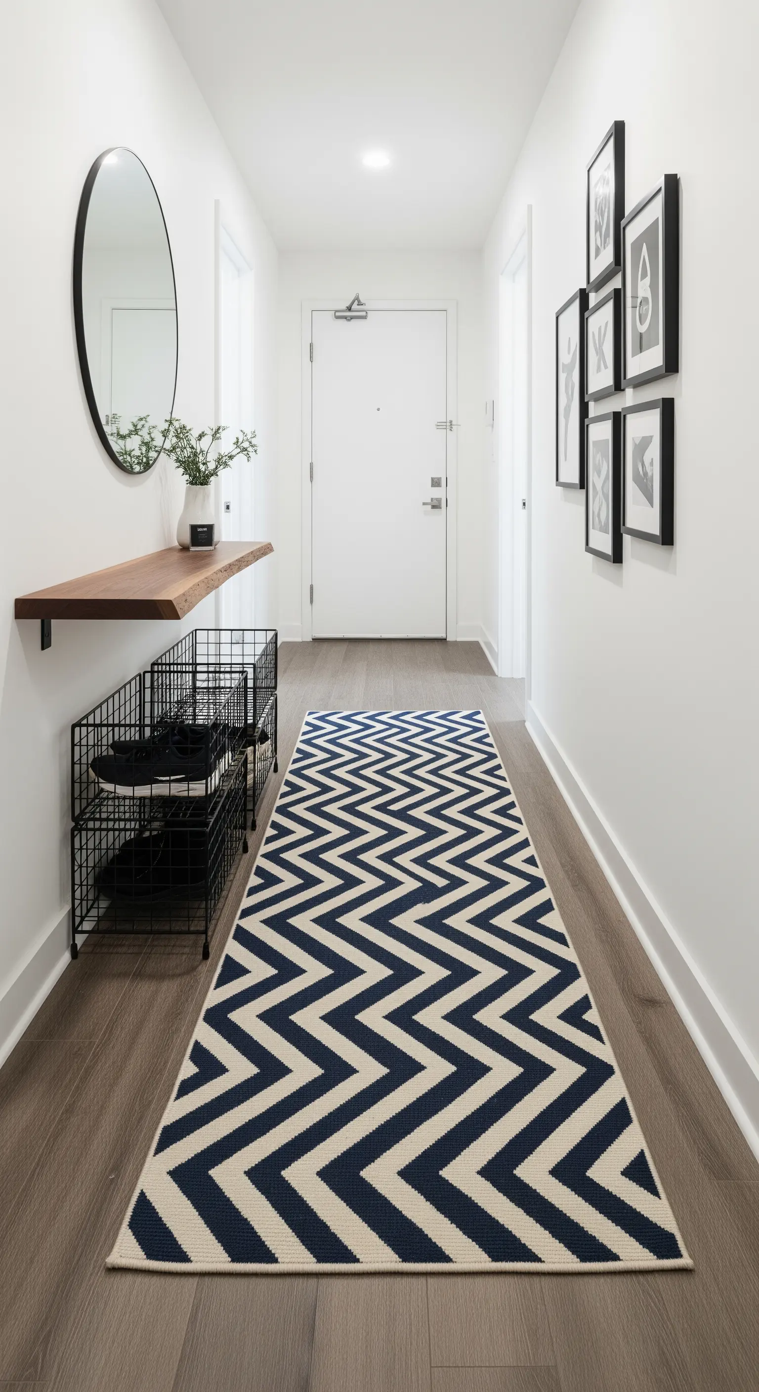 Corridoio stretto con tappeto a chevron, mensola in legno e scarpiere in metallo nero.