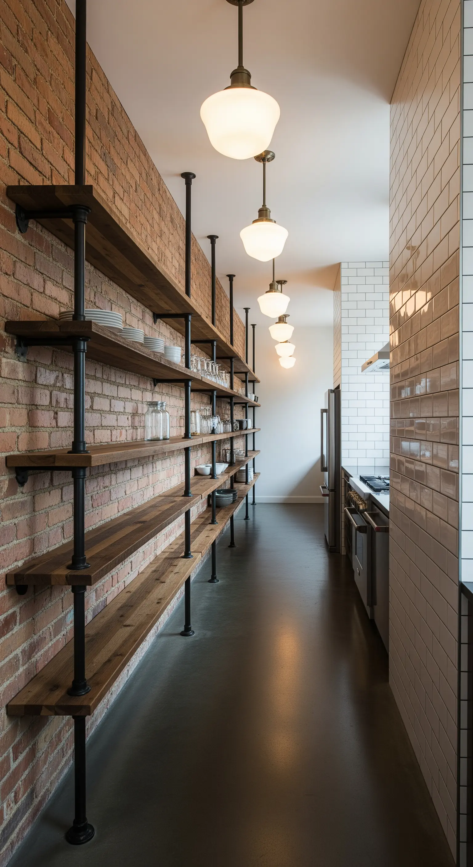 Cucina a corridoio con lunghe mensole in legno e una fila di lampade a sospensione.