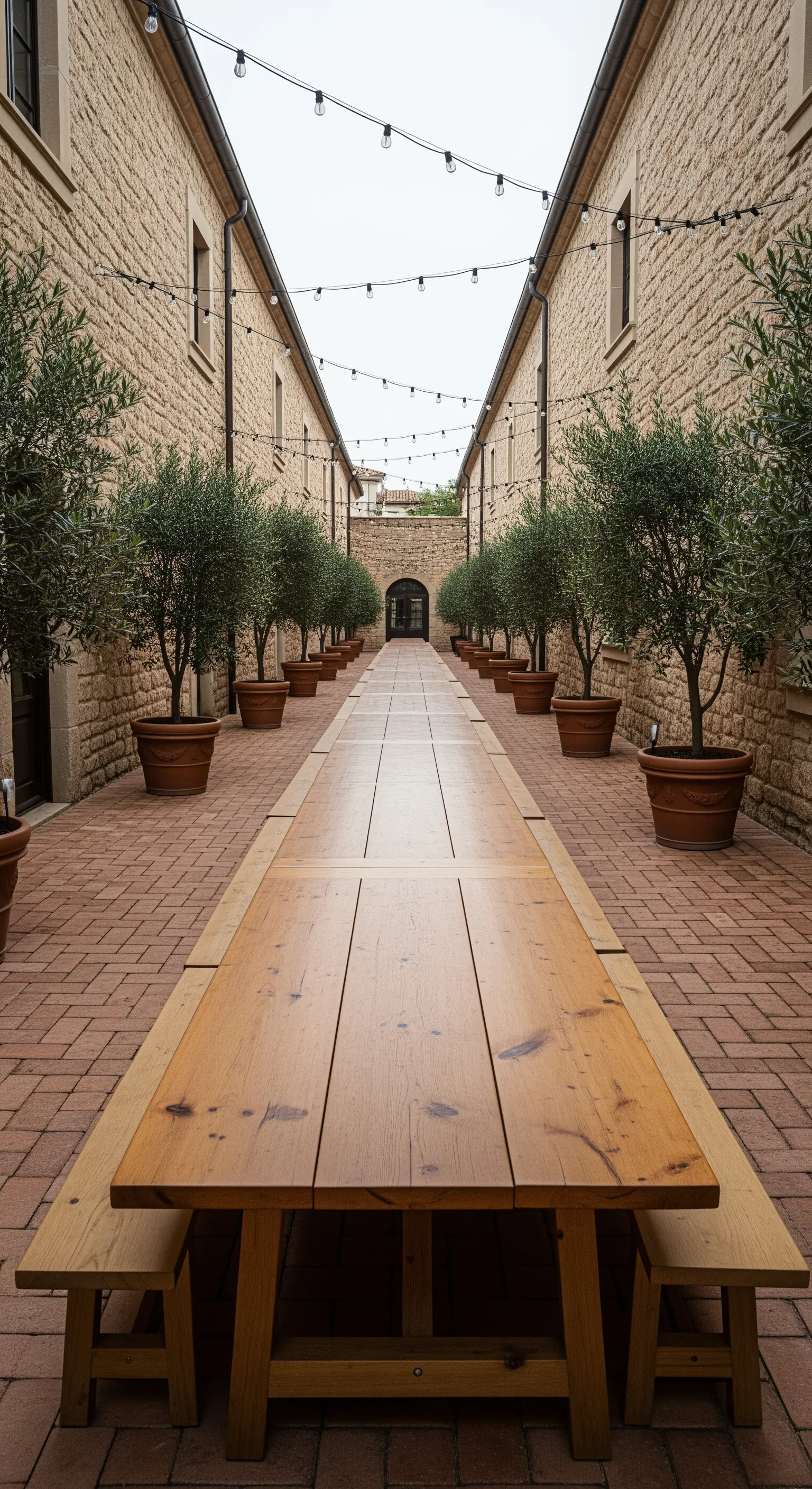 Patio stretto e lungo con un tavolo da picnic centrale e filari di ulivi in vaso.