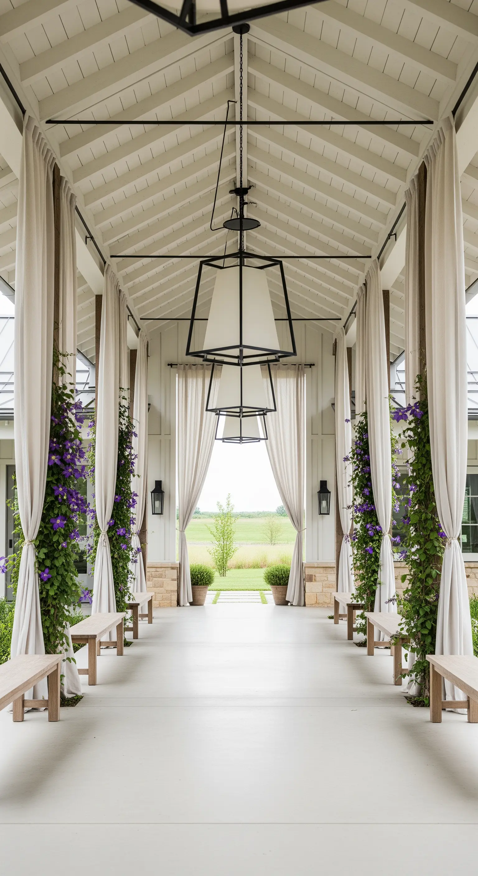 Lungo portico bianco con panche in legno e lampadari geometrici moderni.