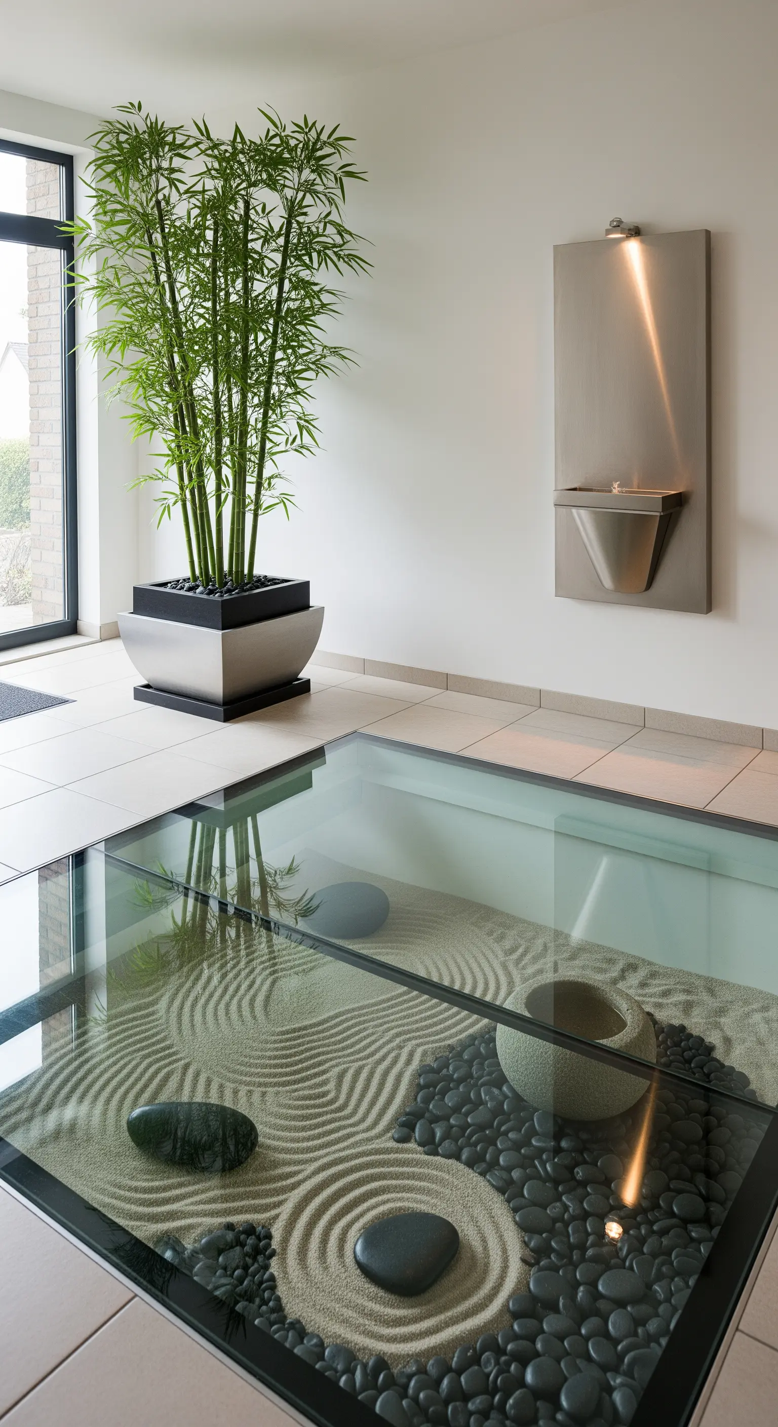 Pavimento in vetro sopra un giardino zen con sabbia rastrellata, pietre nere e bambù.