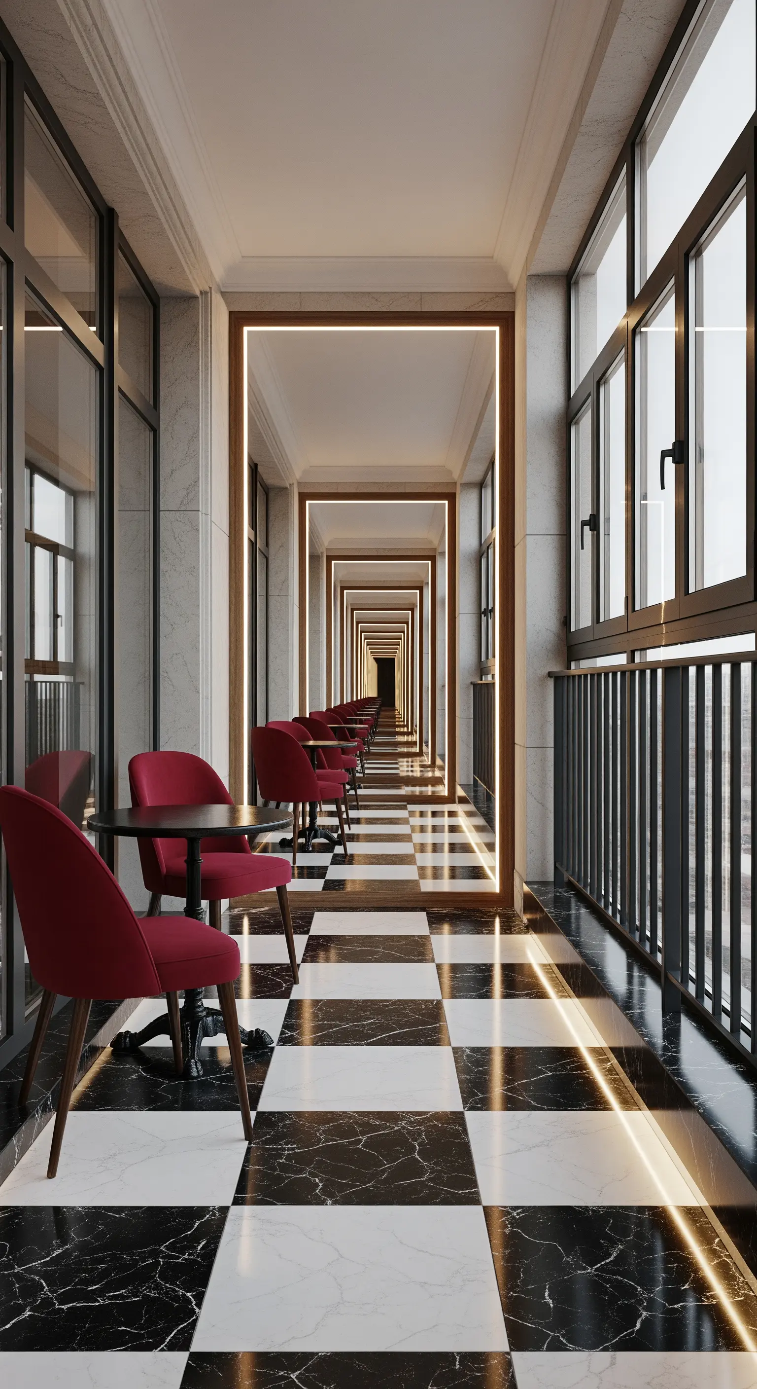 Balcone lungo e stretto con pavimento a scacchi e una successione di portali luminosi.