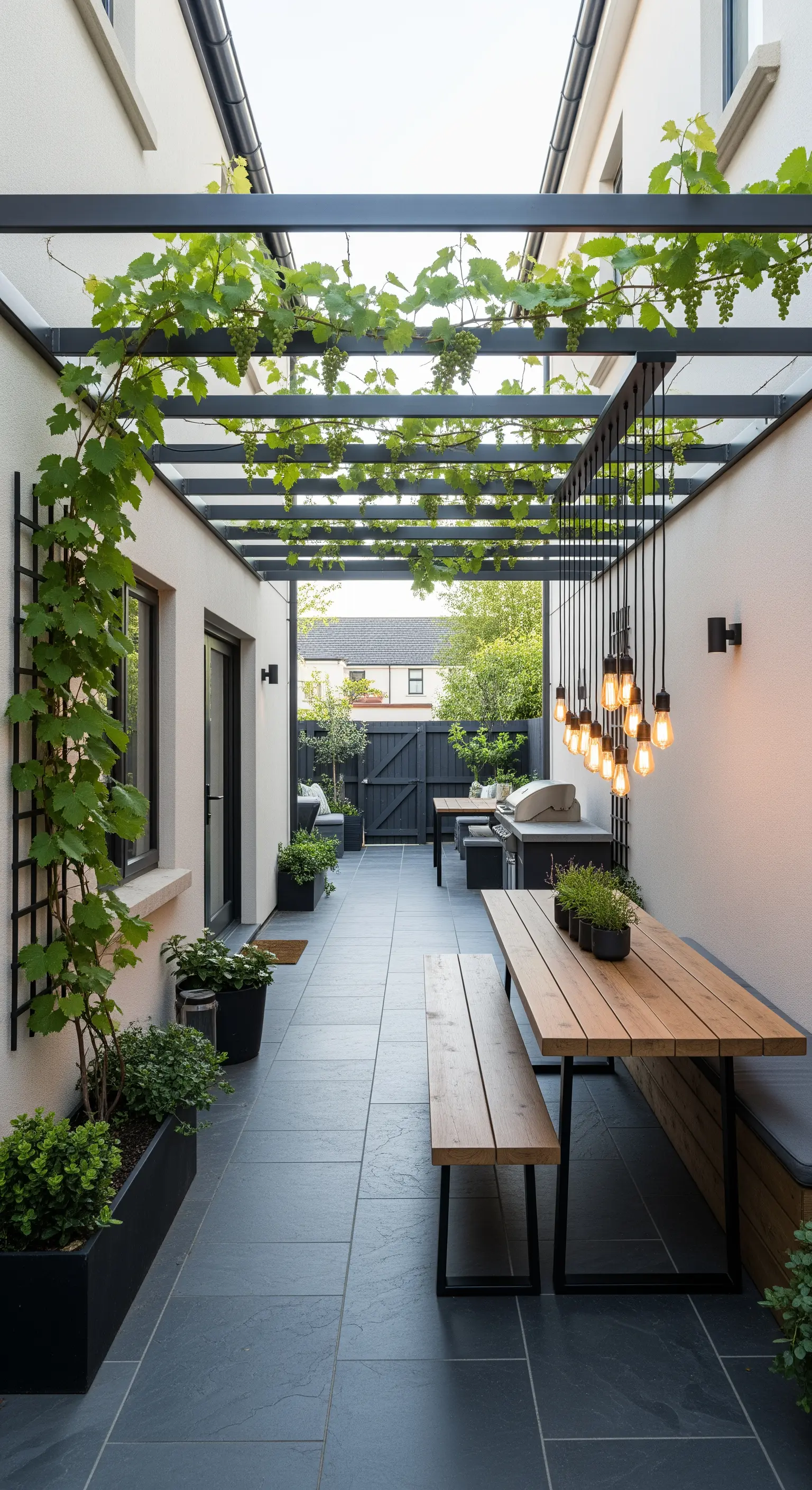 Cortile stretto e lungo con pergolato nero, tavolo in legno e panca, e vite rampicante