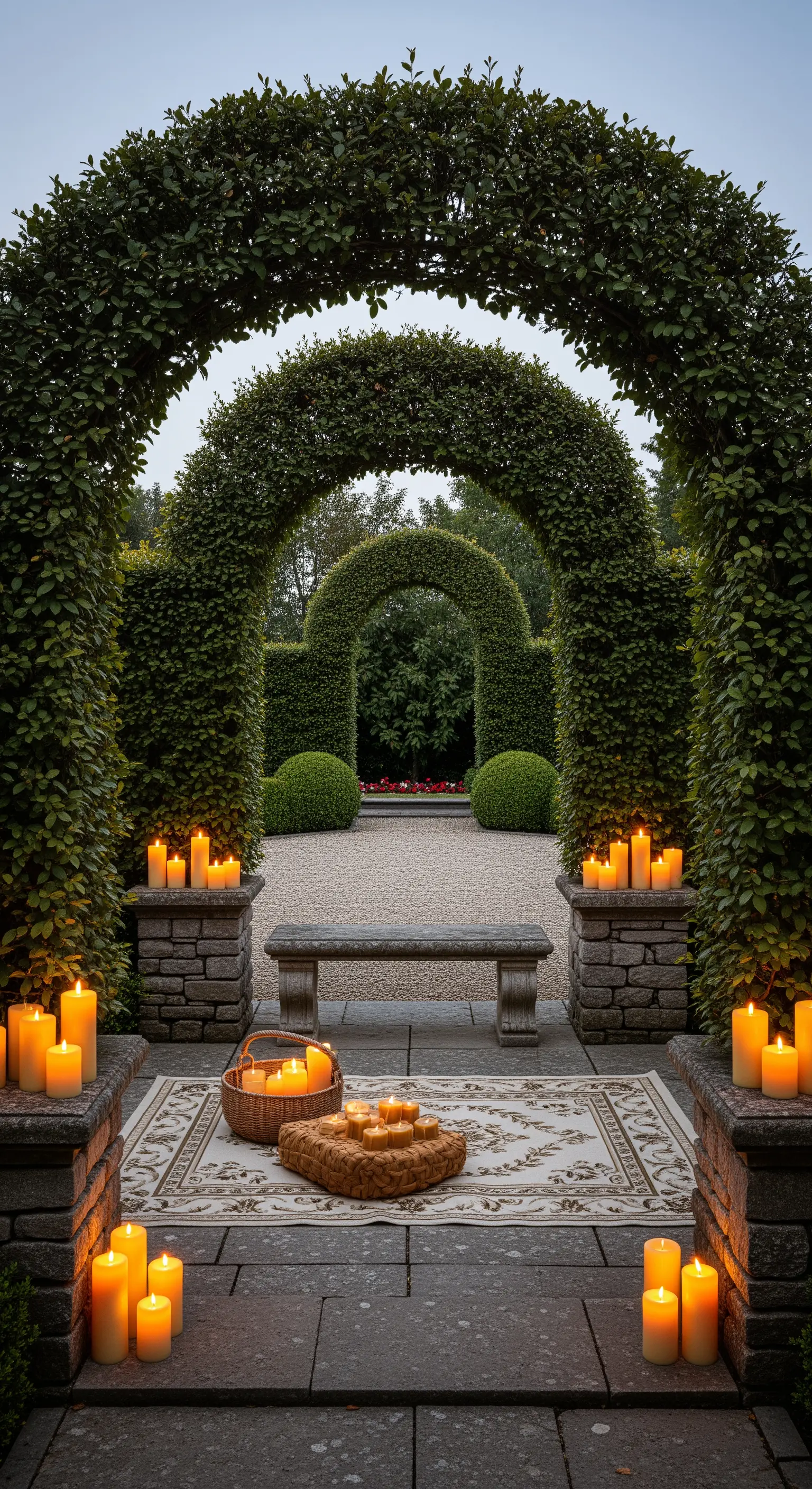 Giardino formale con una successione di archi di siepi potate e candele.
