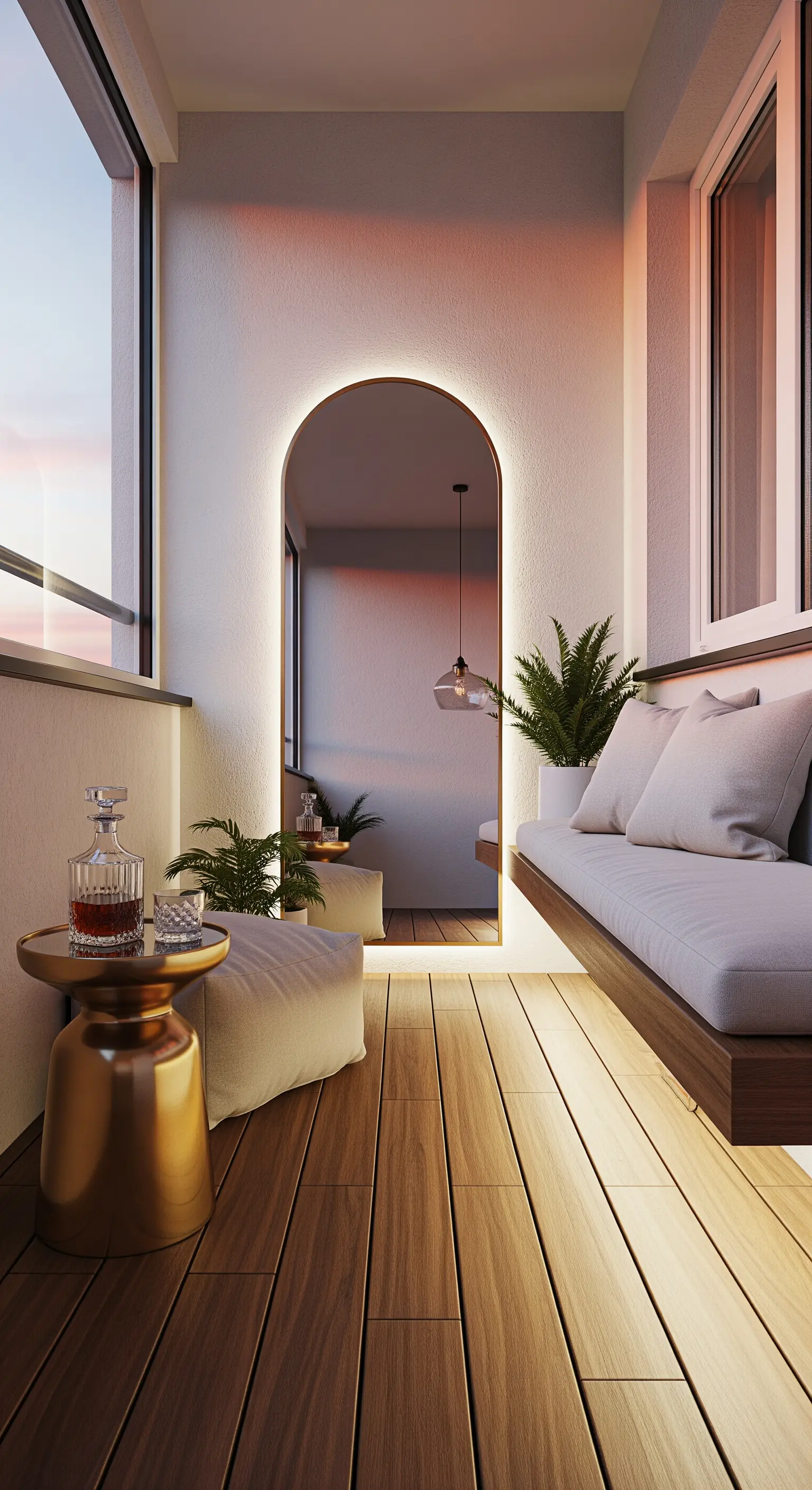 Specchio ad arco a figura intera retroilluminato, panca sospesa in legno e tavolino dorato.