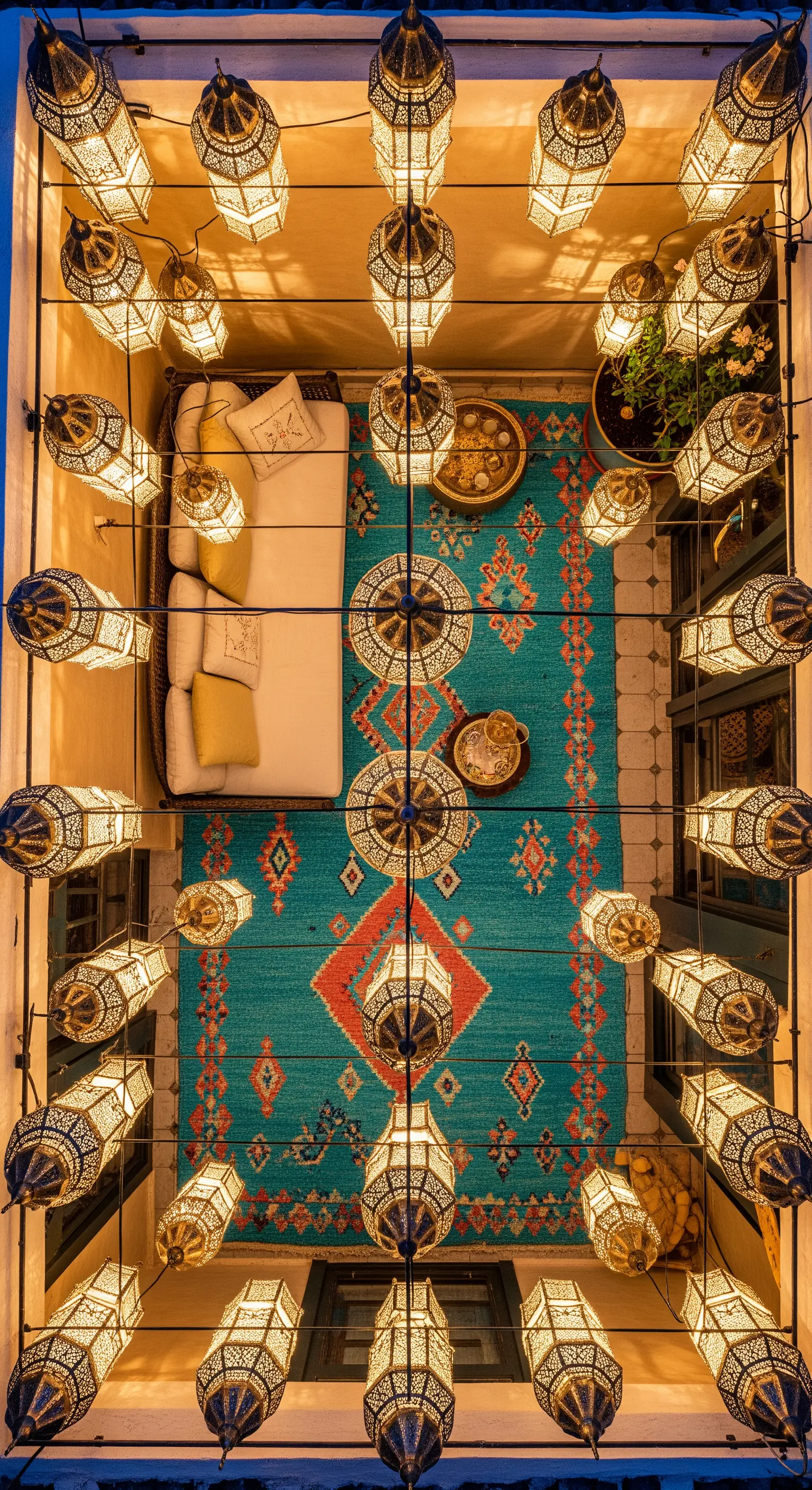 Balcone stretto visto dall'alto, con tappeto turchese e un soffitto di lanterne.
