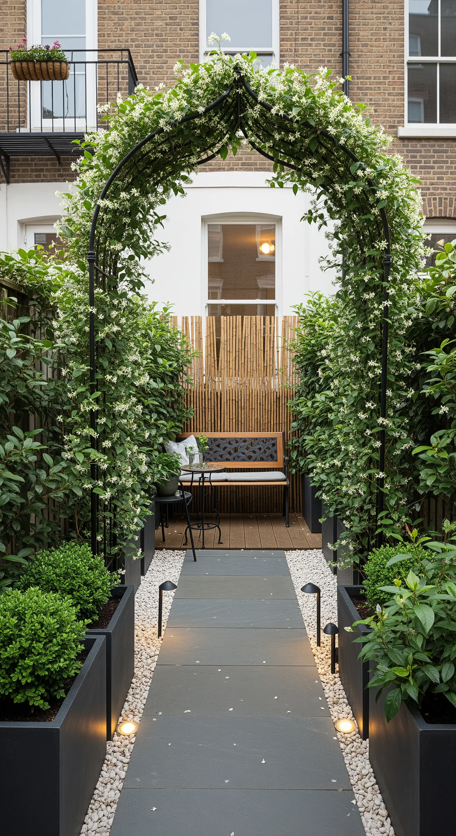 Giardino urbano stretto con un arco in metallo nero, sentiero in ardesia e fioriere alte.