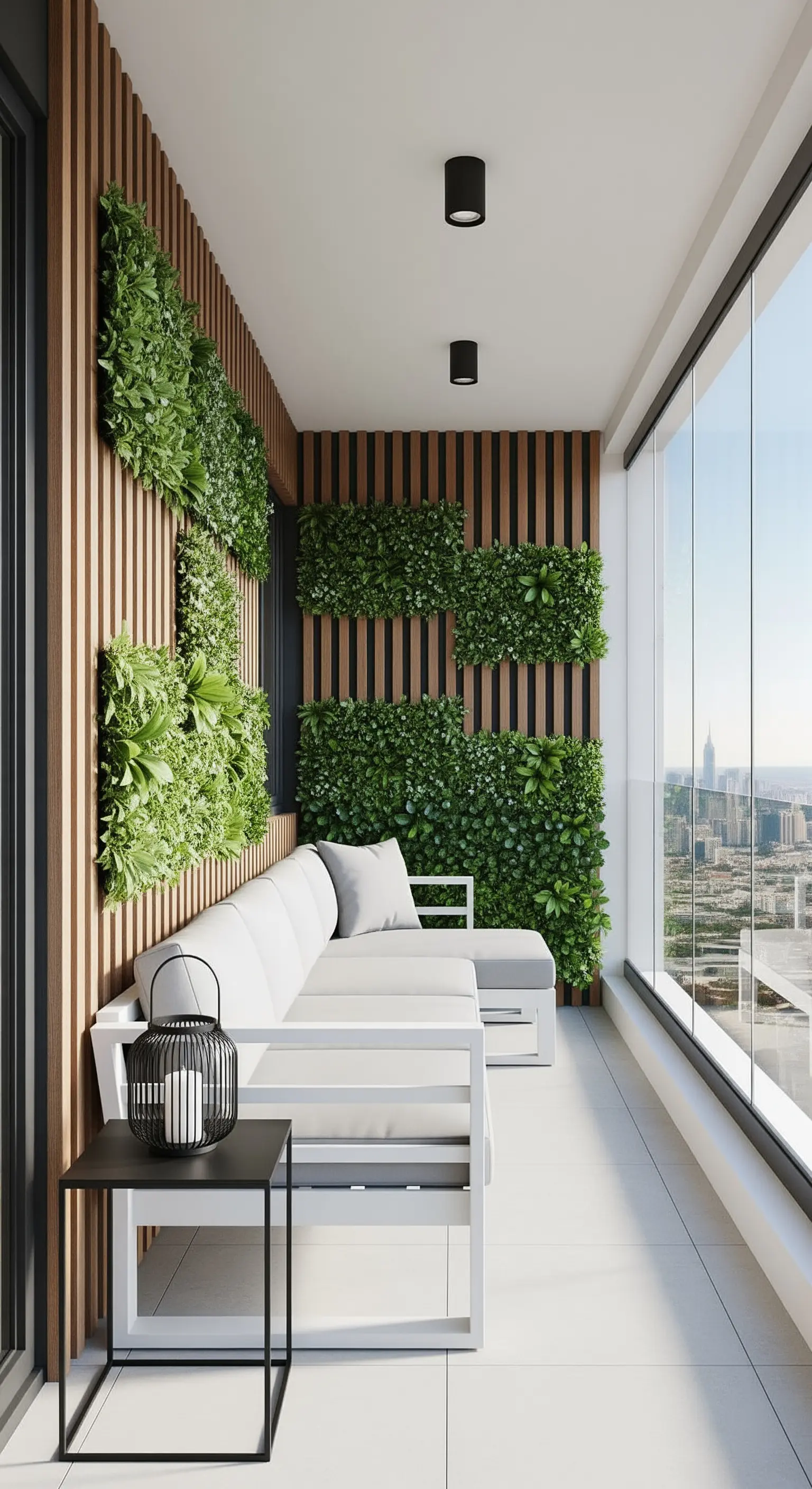 Balcone stretto e moderno con divano bianco, parete a listelli di legno e inserti verdi geometrici.