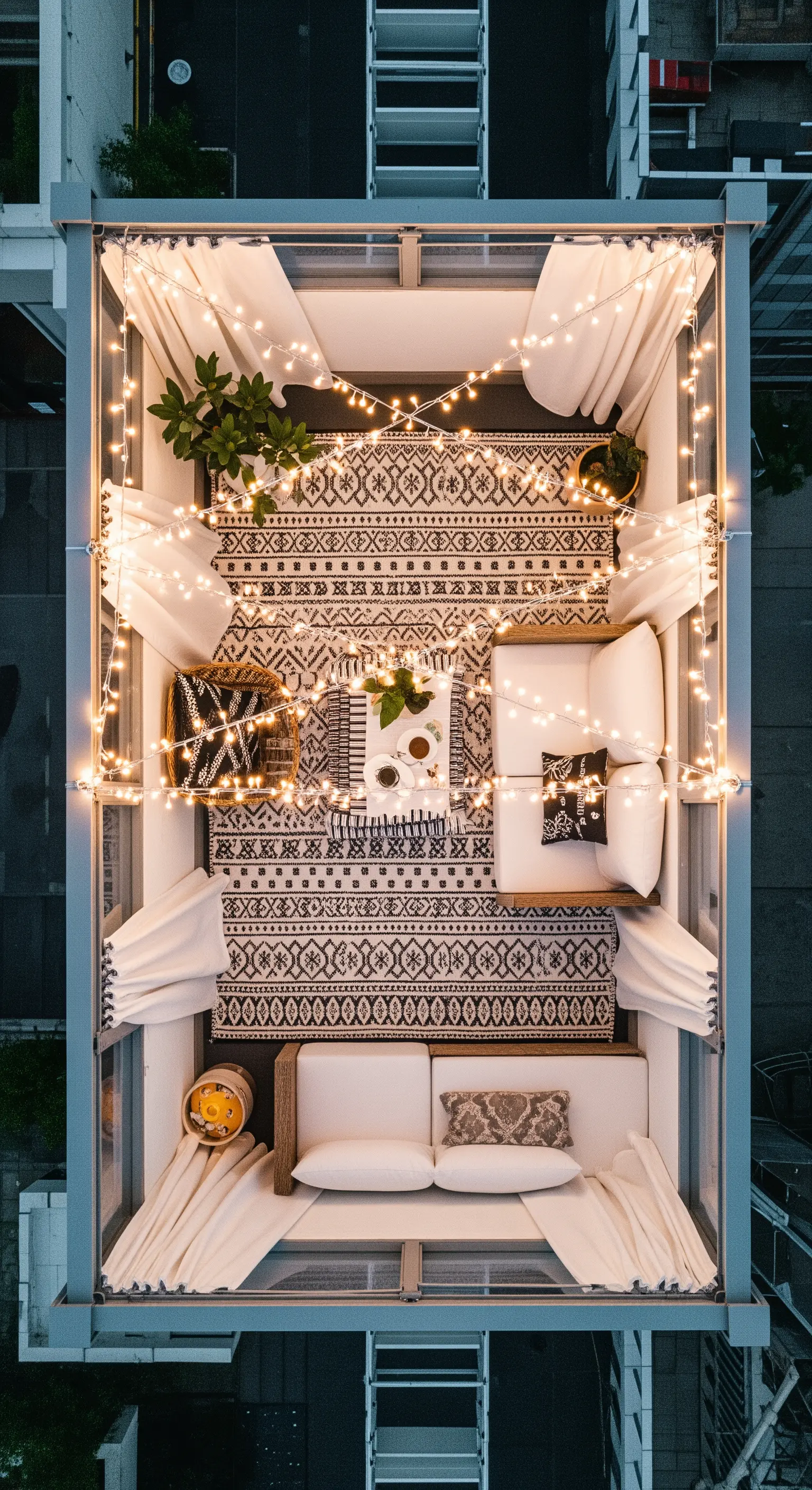 Balcone stretto visto dall'alto, con due divani, tappeto etnico e lucine perimetrali.