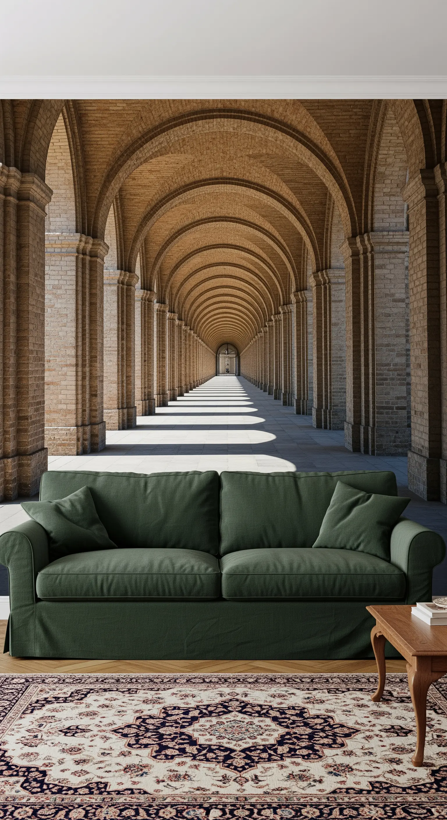 Soggiorno con murale trompe-l'œil di un colonnato e un divano classico verde scuro.