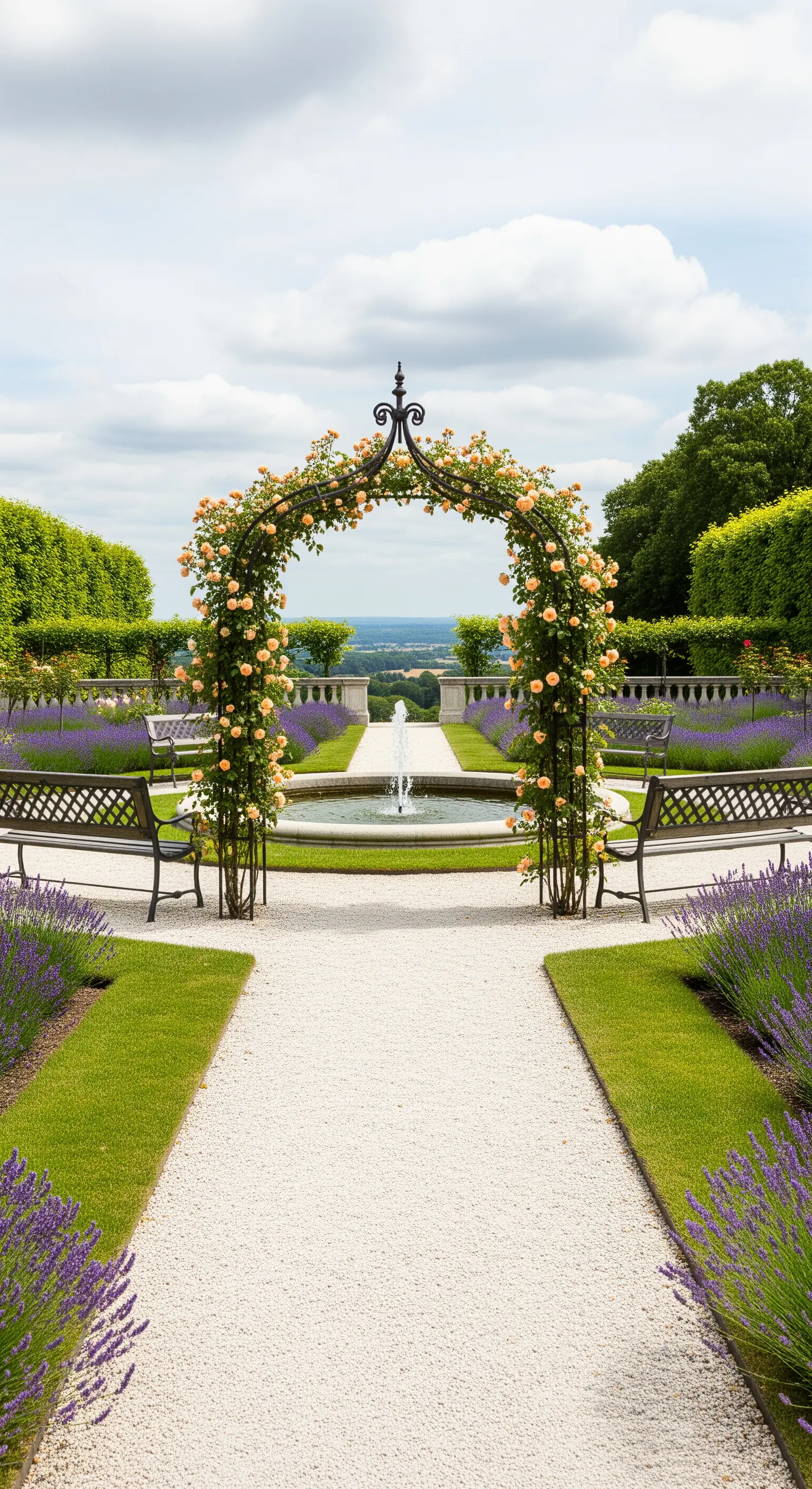 Giardino simmetrico con arco di rose, fontana centrale e bordure di lavanda.