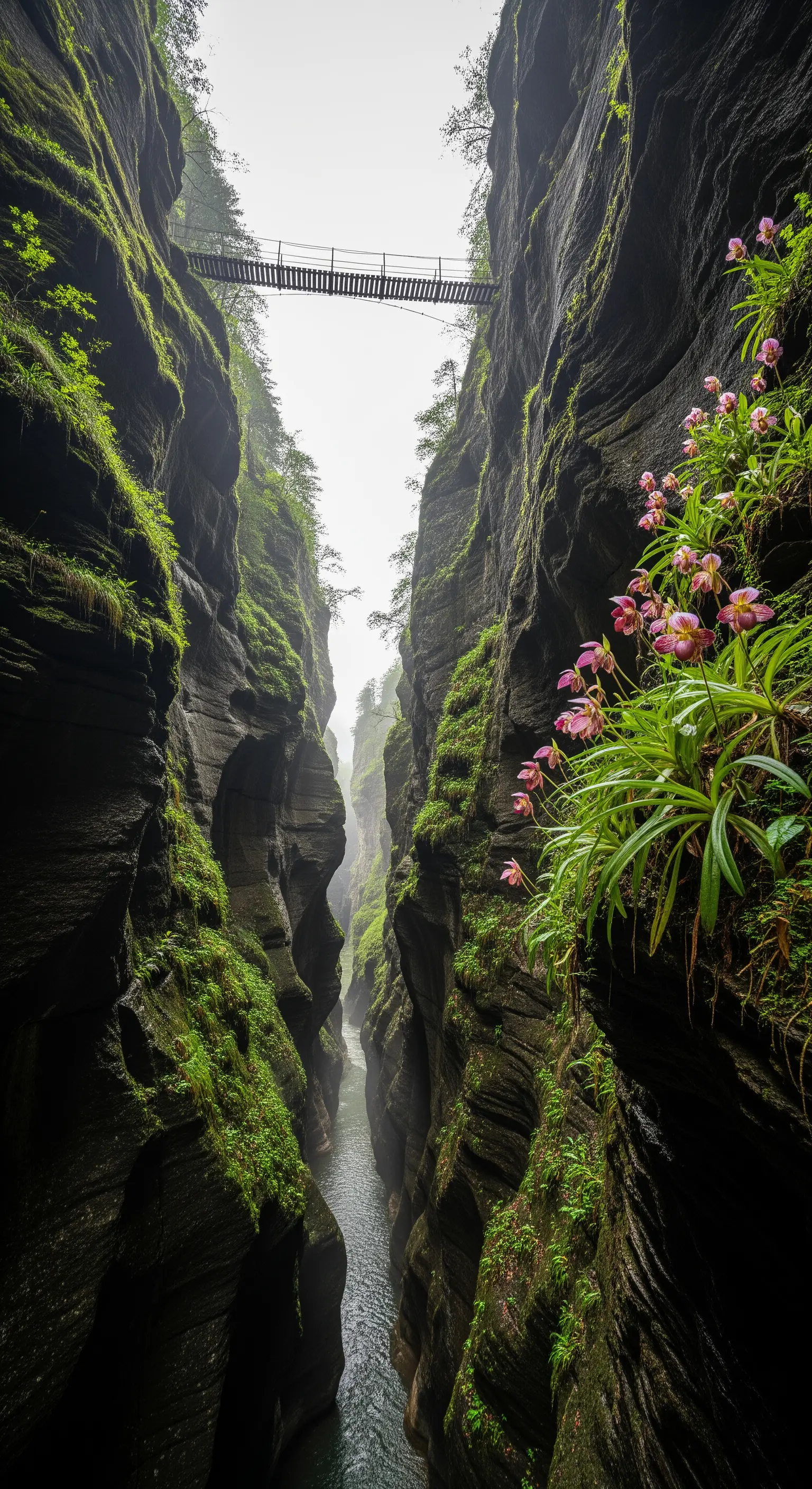 Ponte sospeso in un canyon stretto e profondo, con orchidee rosa che crescono sulle pareti rocciose.