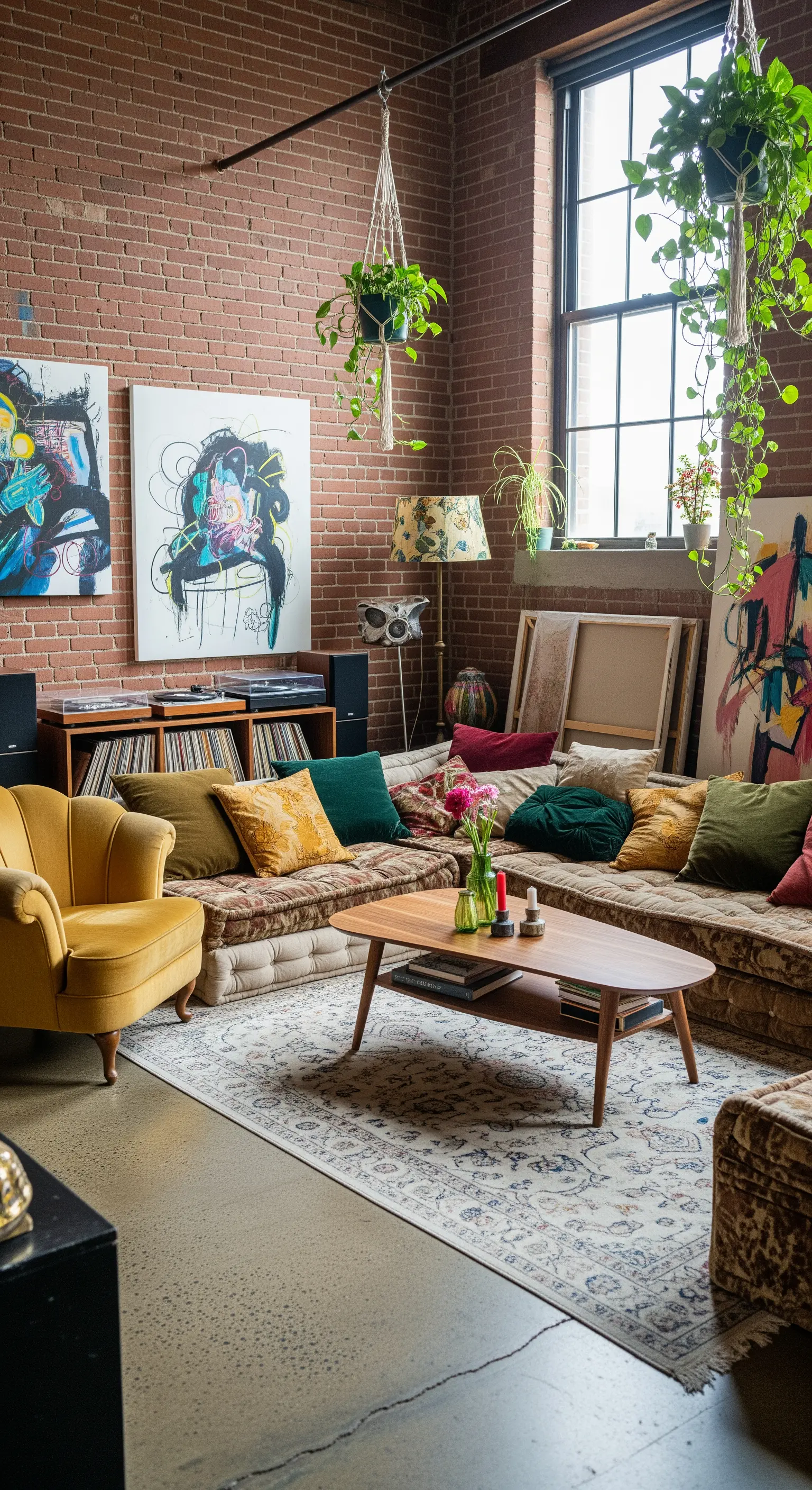 Salotto in stile loft con mattoni a vista, sedute a terra e una poltrona senape in velluto.