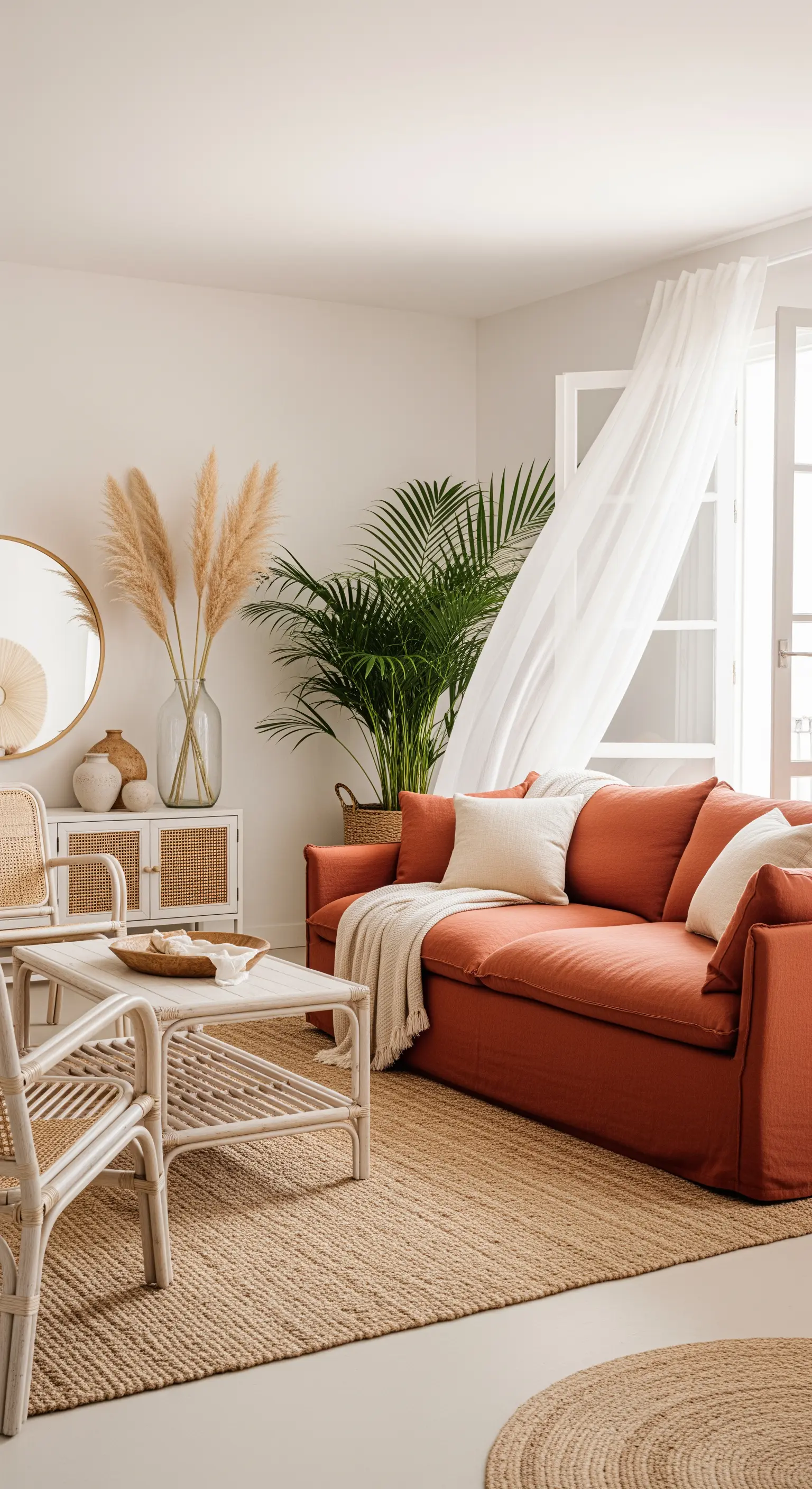 Divano terracotta in un soggiorno luminoso con mobili in rattan e pampas grass