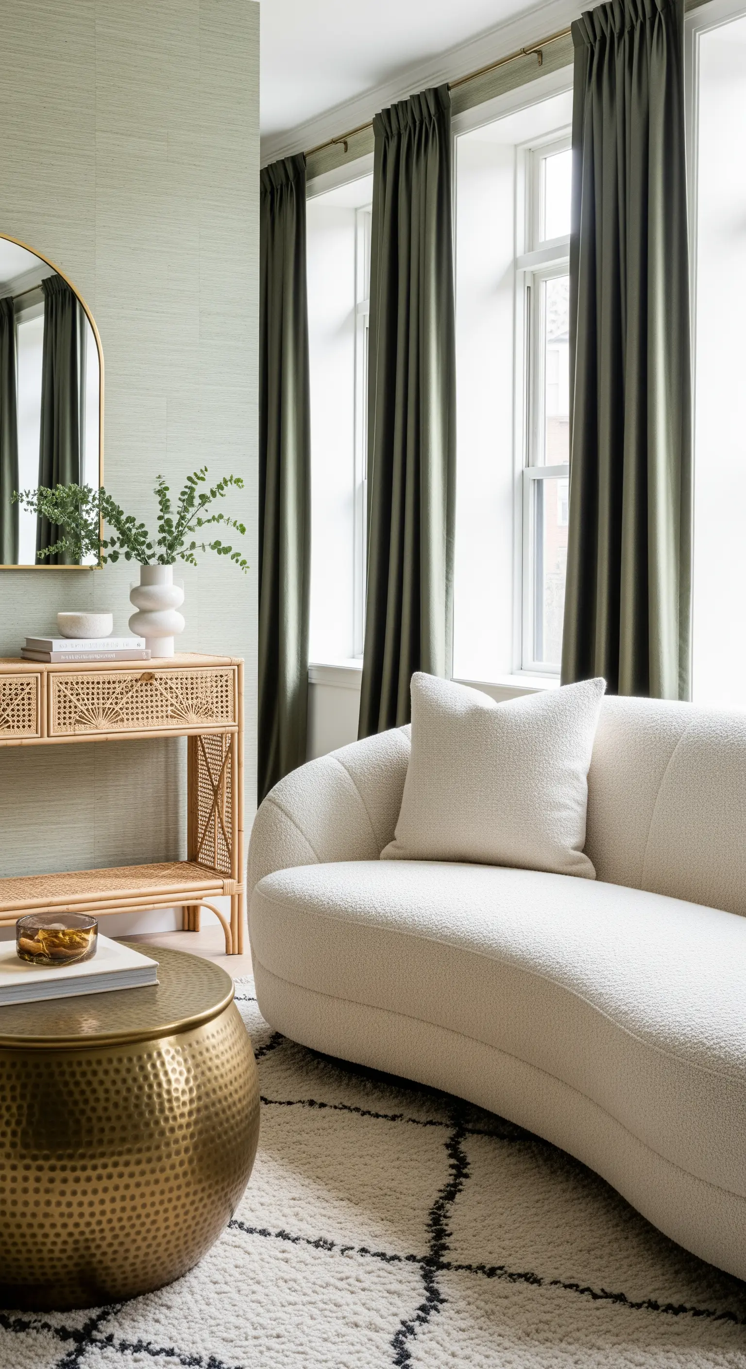 Dettaglio di un salotto con divano bouclé, consolle in rattan e tavolino dorato.