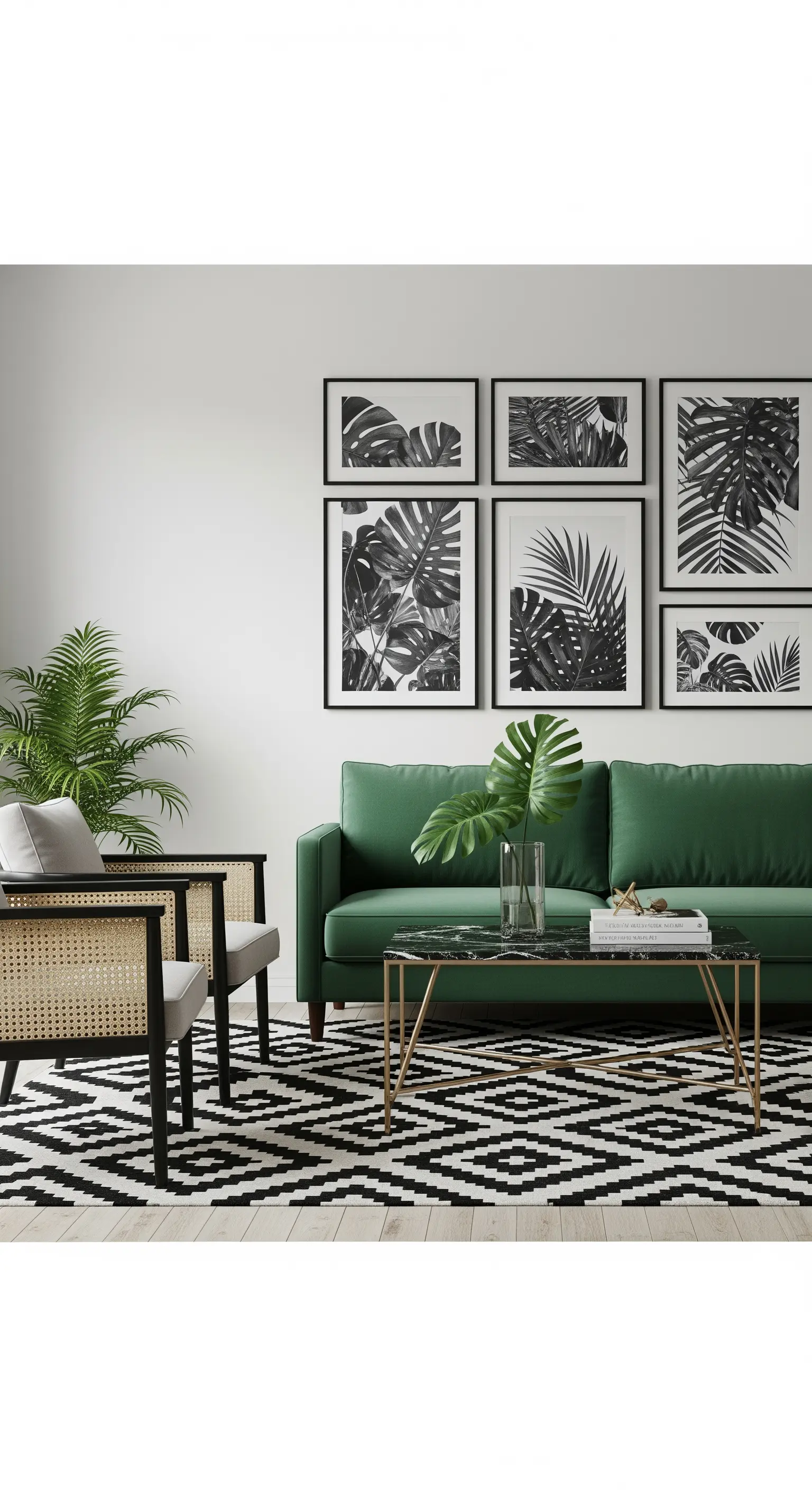 Salotto moderno con divano verde, tappeto geometrico bianco e nero e stampe botaniche.