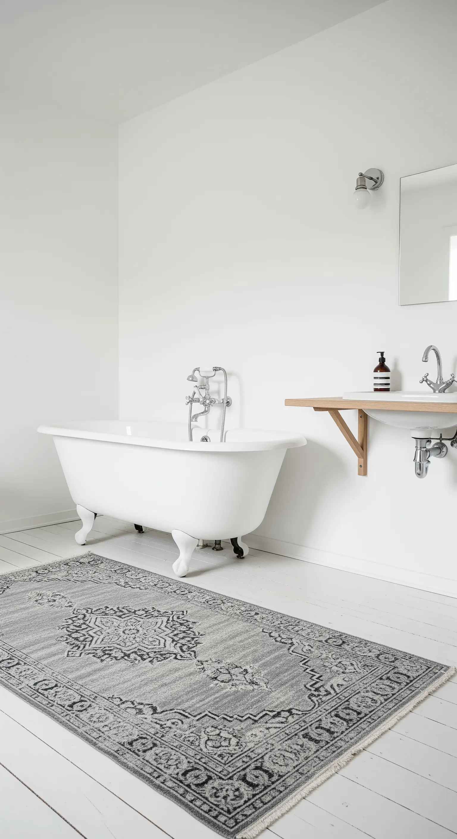 Bagno minimalista total white con vasca freestanding e tappeto grafico grigio.