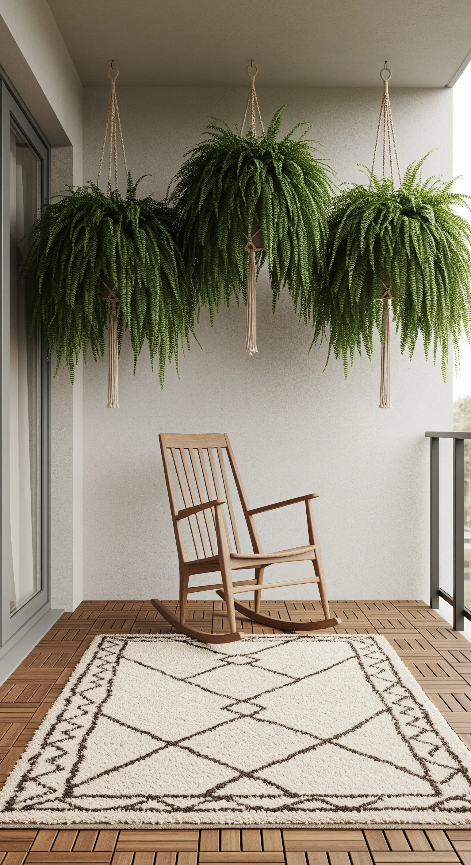 Balcone minimal con sedia a dondolo, tre felci sospese e un tappeto color crema.