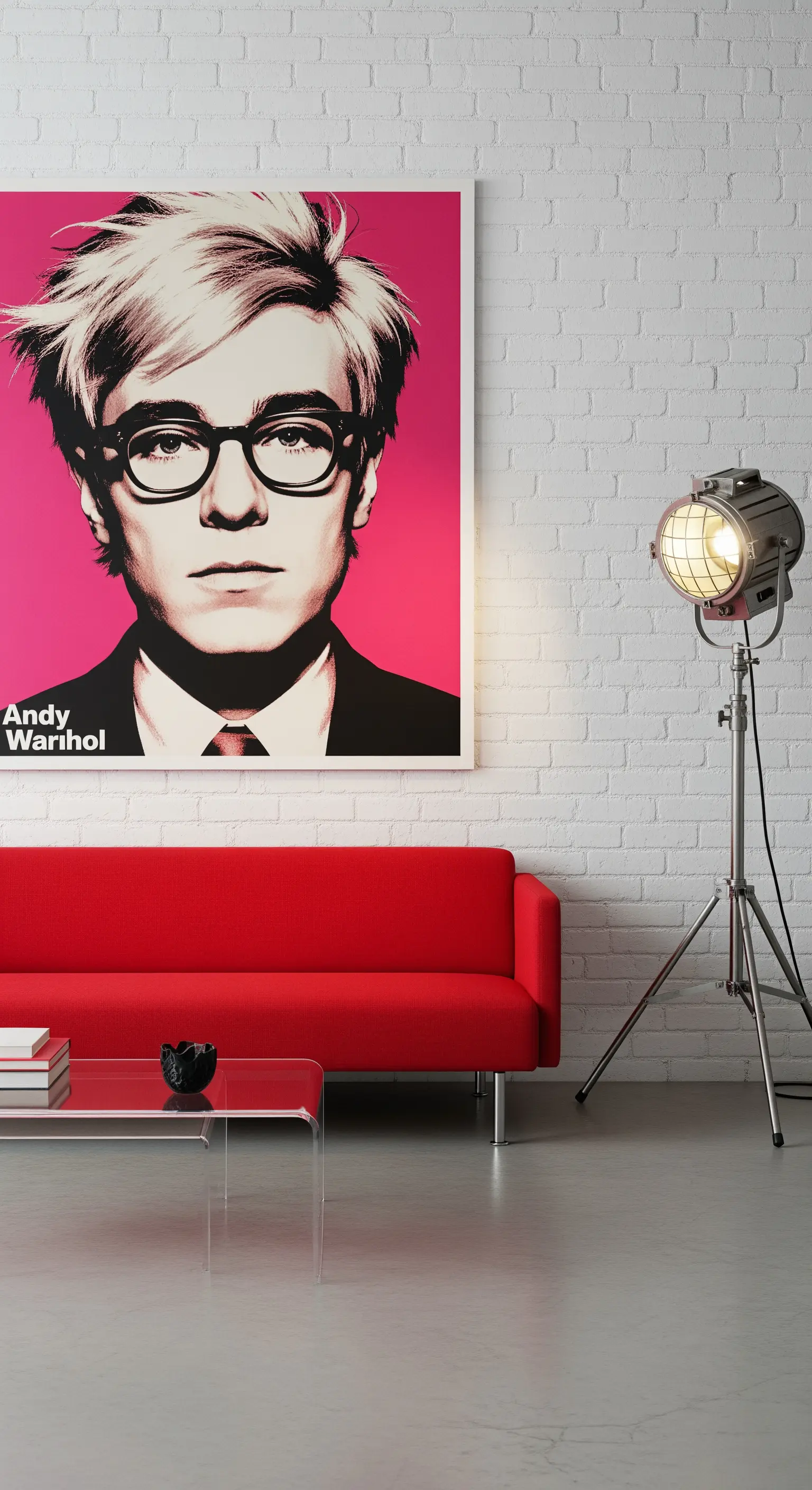 Salotto minimale con parete di mattoni bianchi, un divano rosso e un grande ritratto di Andy Warhol.