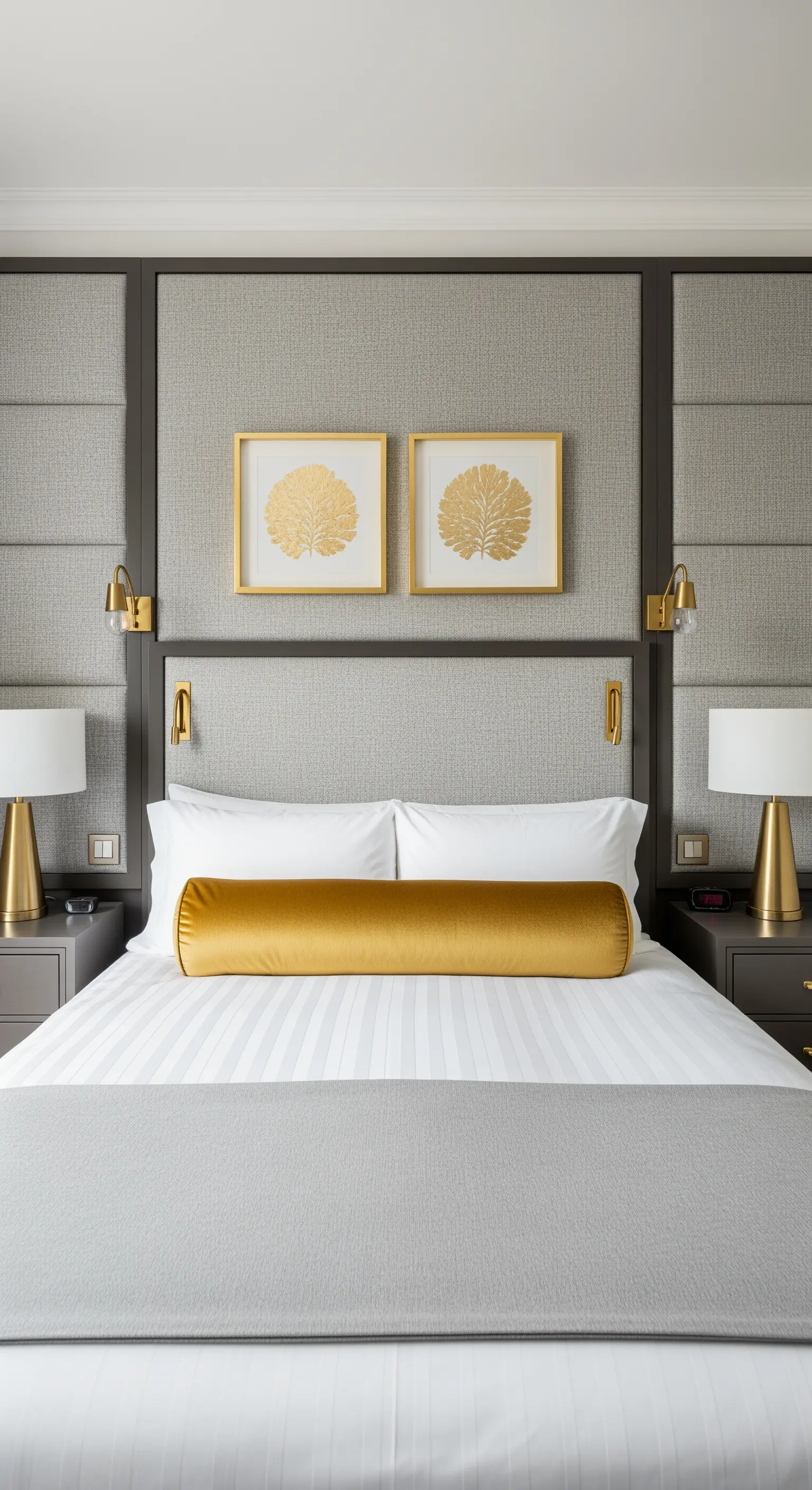 Letto matrimoniale con parete imbottita grigia e un cuscino a cilindro color oro in velluto.