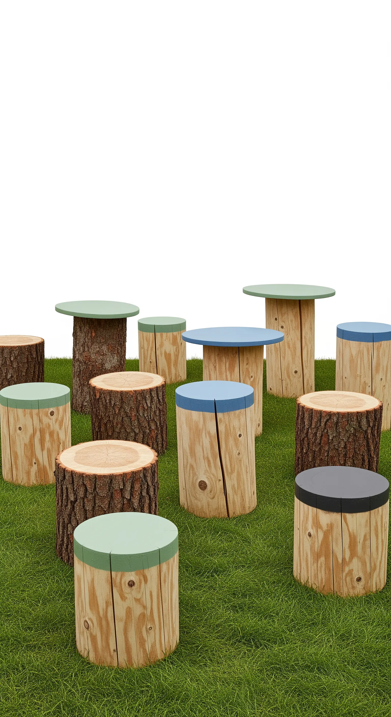 Gruppo di sgabelli-tronco con le superfici superiori dipinte in vari colori come blu, verde e grigio.