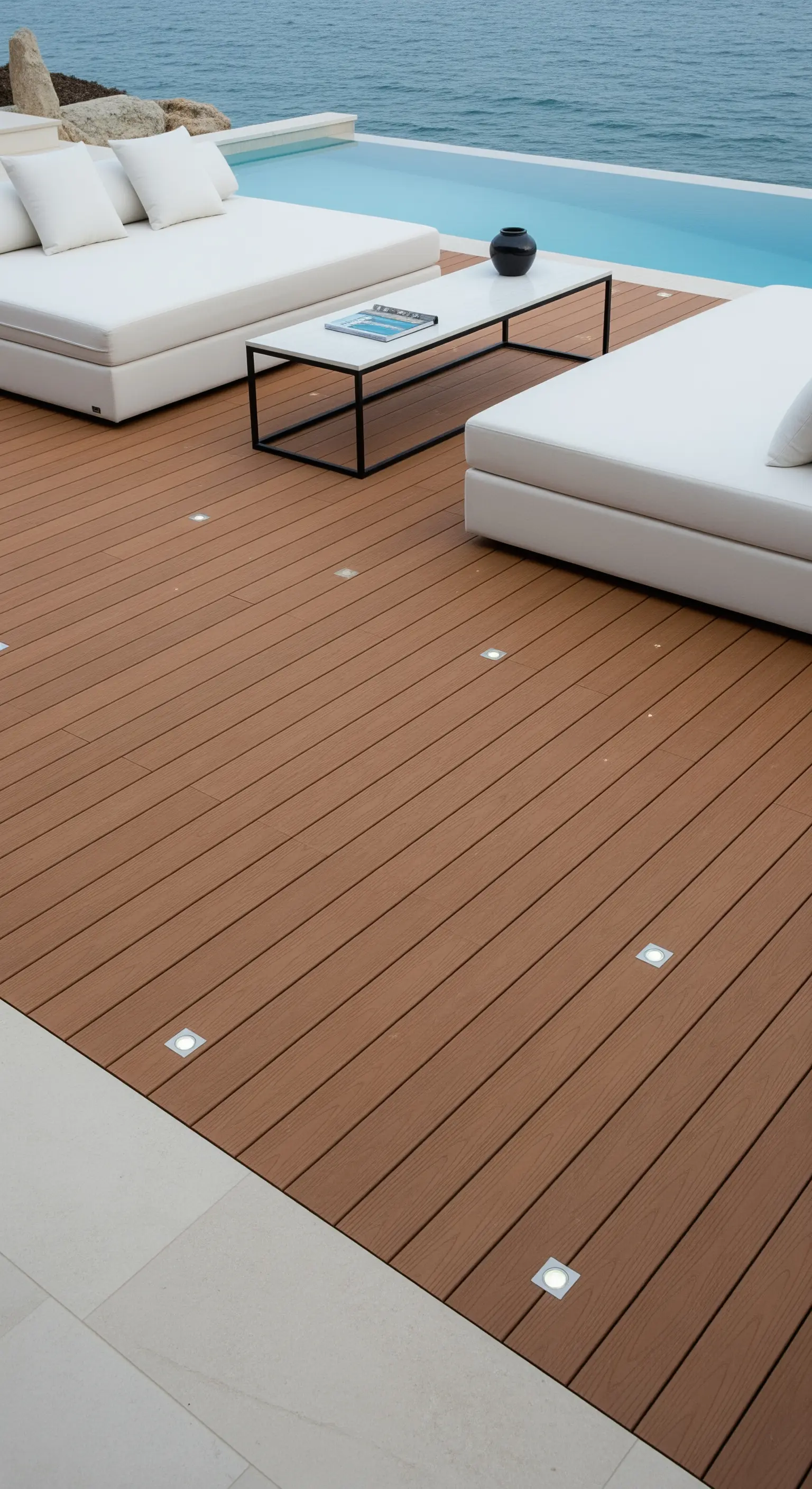 Bordo piscina con pavimento in legno composito e faretti a incasso.