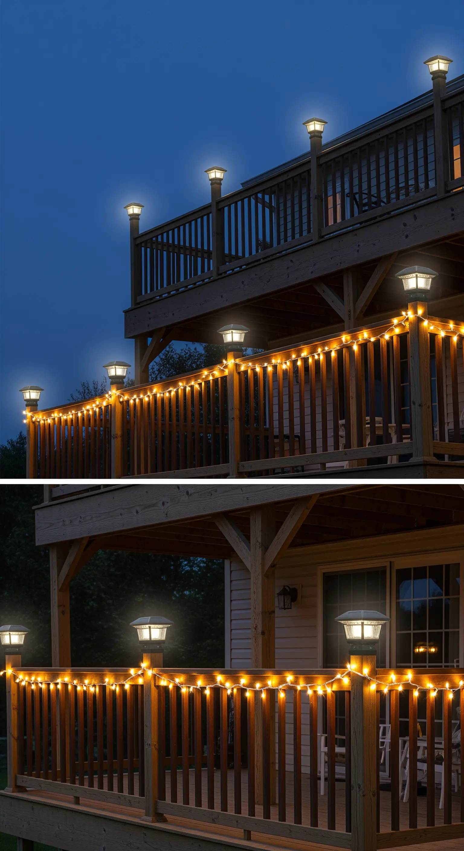 Ringhiera di un terrazzo in legno con luci solari sui montanti e filo di lucine.