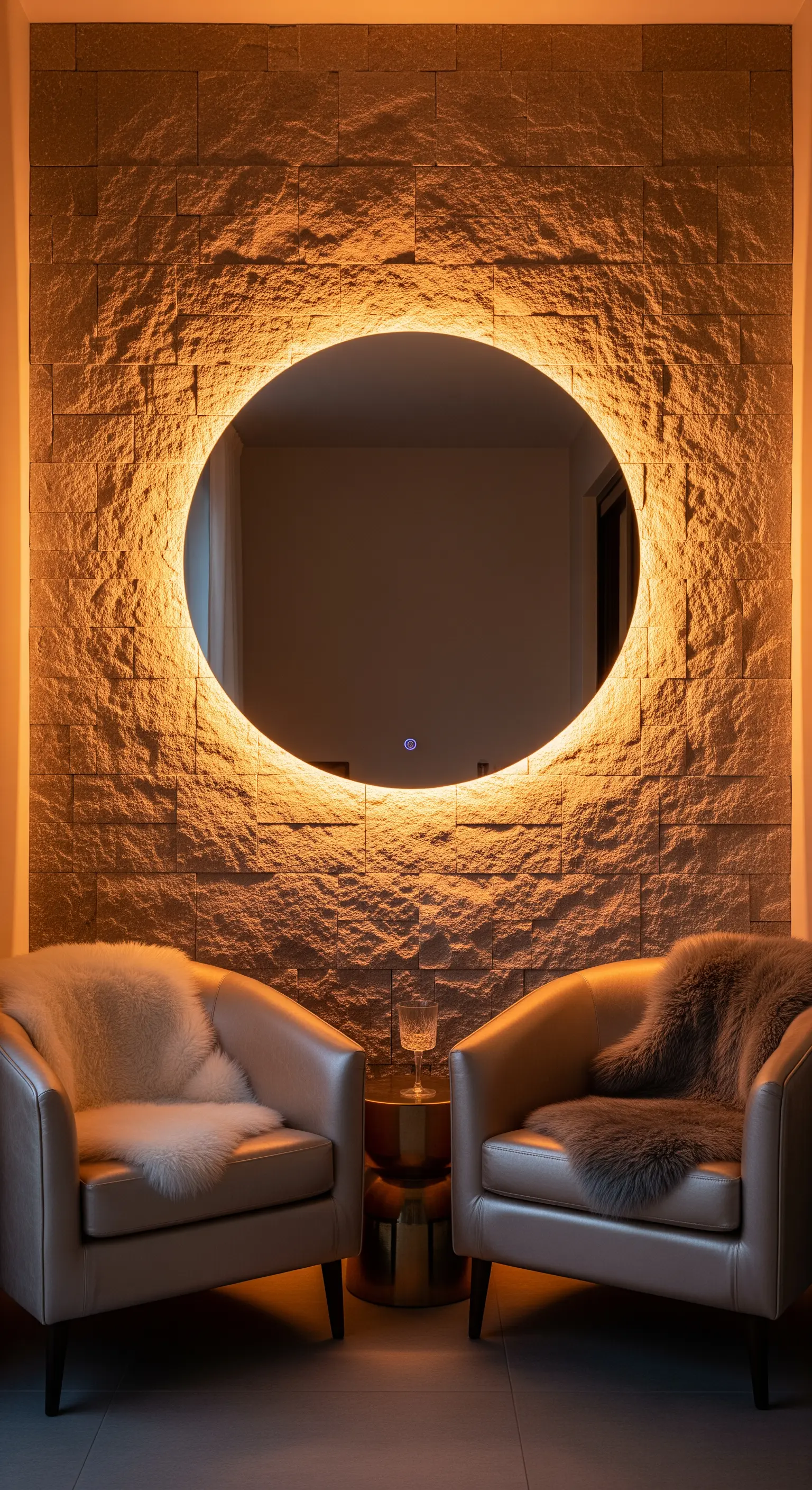 Parete in pietra con grande specchio rotondo retroilluminato e due poltrone in pelle con pelliccia.