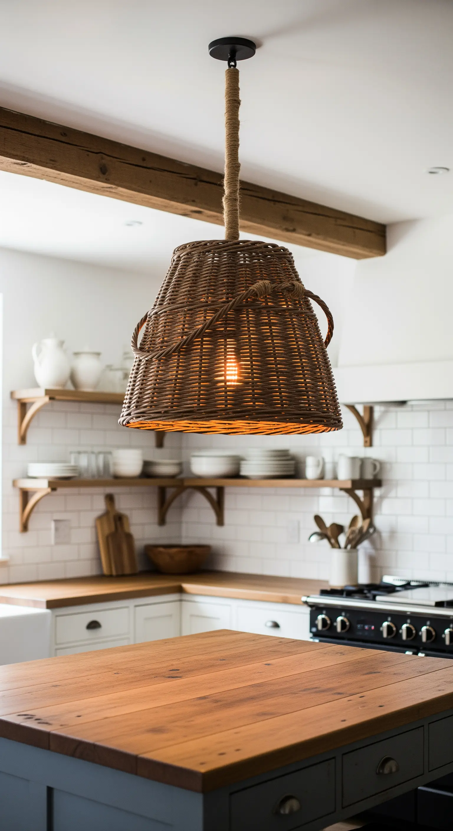 Lampadario a cestino scuro con corda di iuta sopra un'isola della cucina in legno.