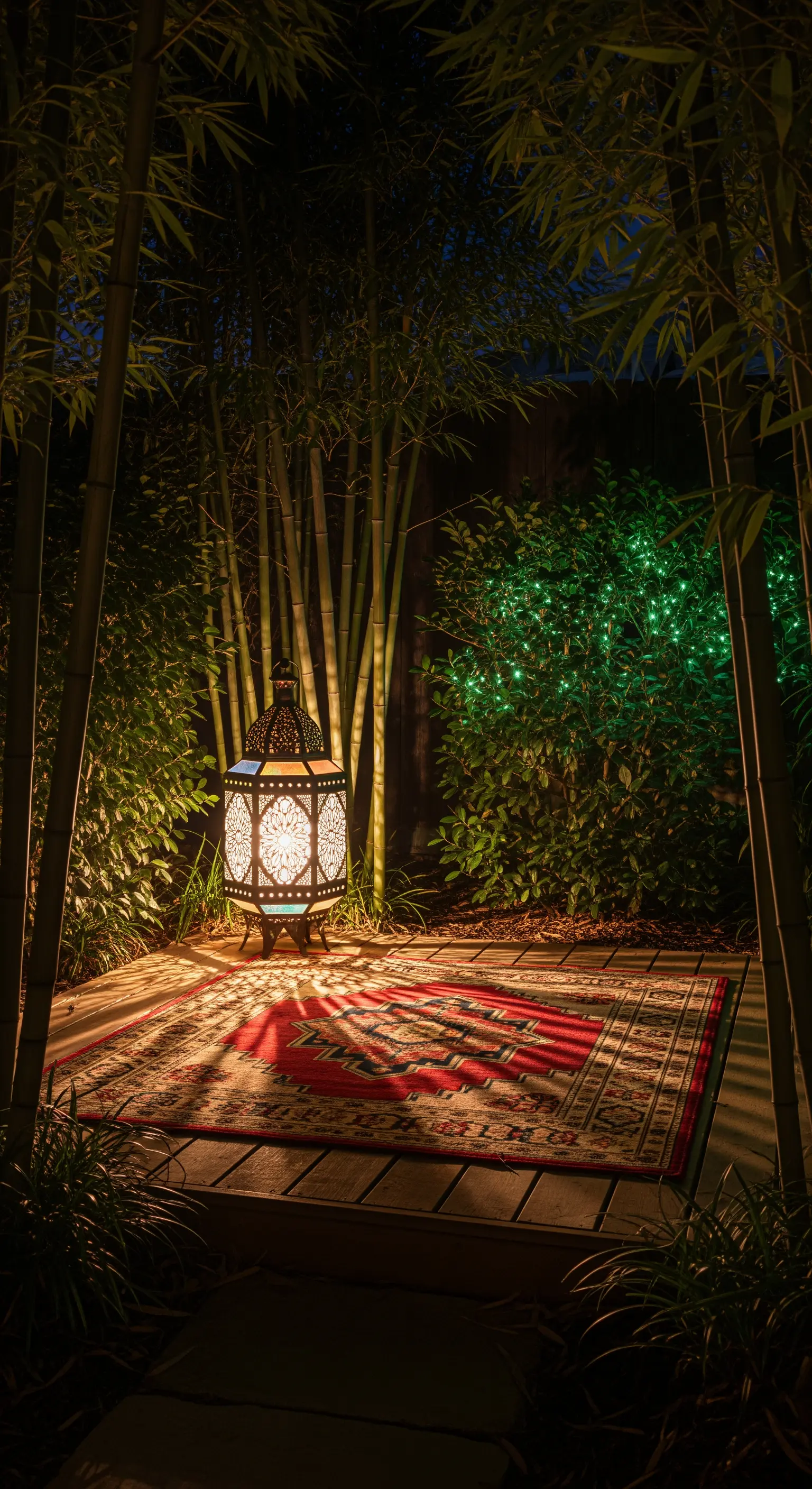 Grande lanterna marocchina in un angolo di bambù, proietta ombre elaborate sul pavimento.
