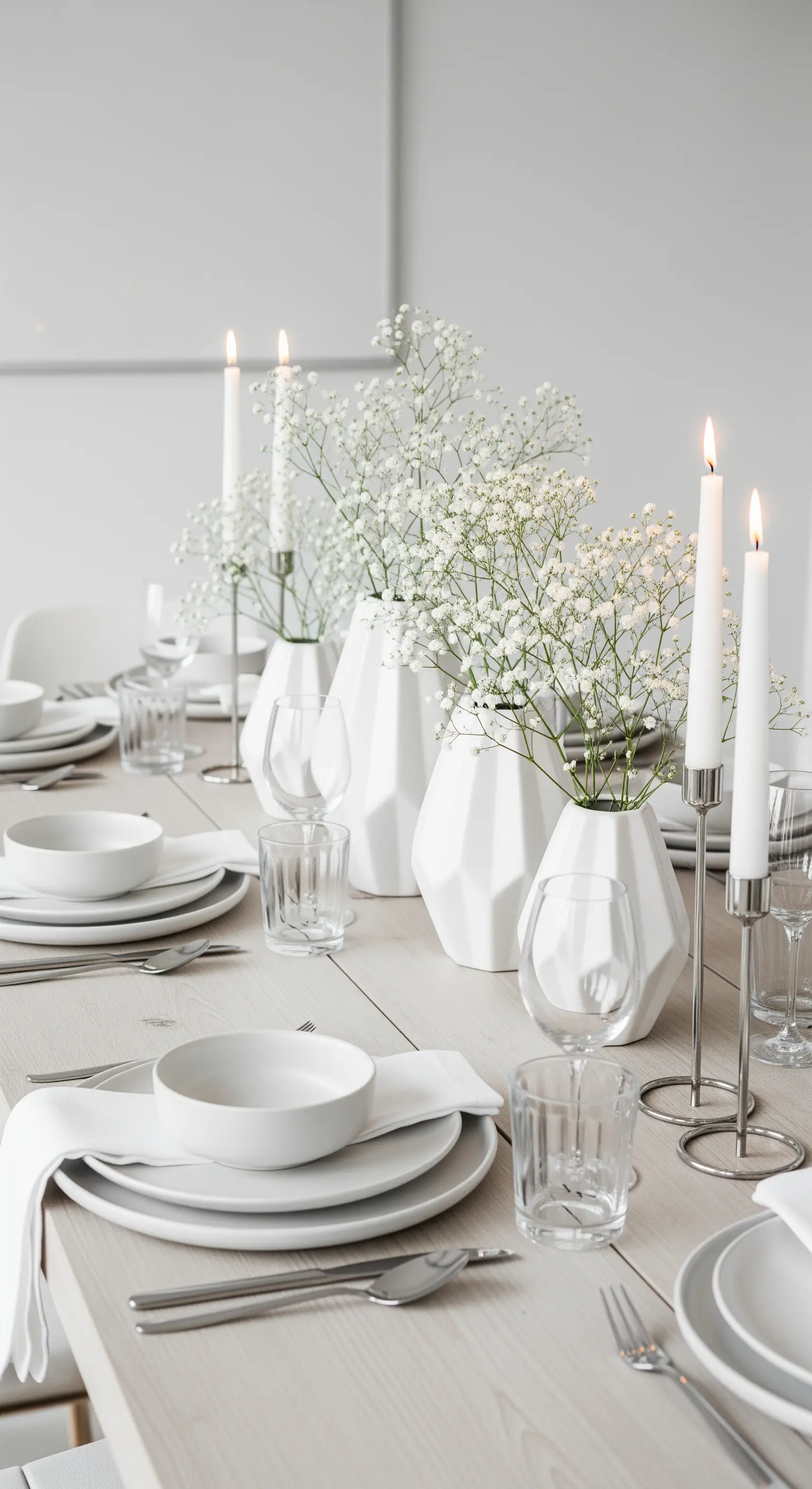 Tavola di Natale total white con vasi geometrici, gypsophila e candele lunghe.