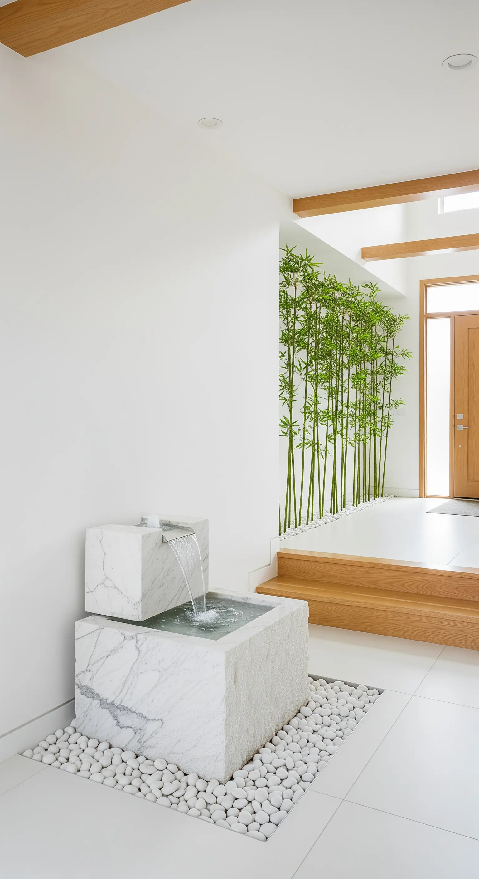 Fontana scultorea in marmo bianco su un letto di ciottoli bianchi in un ingresso minimalista.