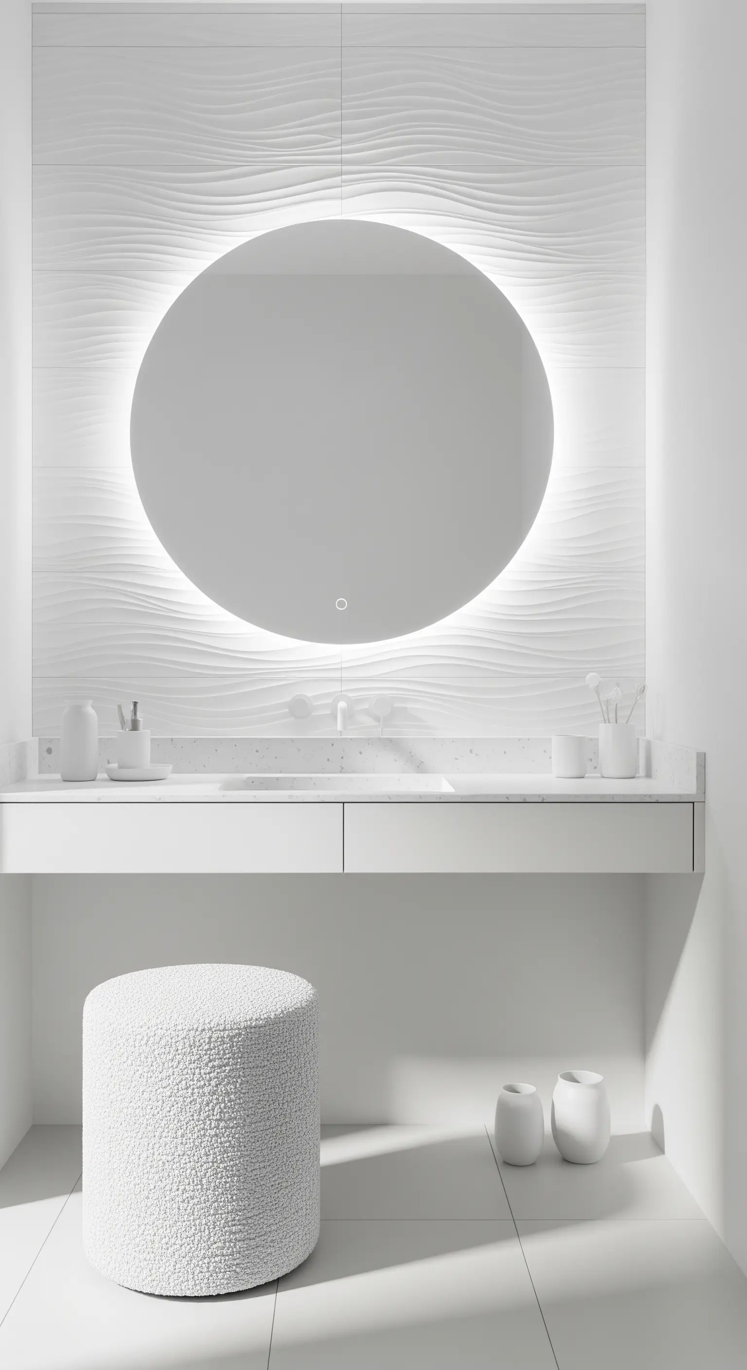 Bagno total white con parete 3D, specchio tondo retroilluminato e sgabello in tessuto boucle.