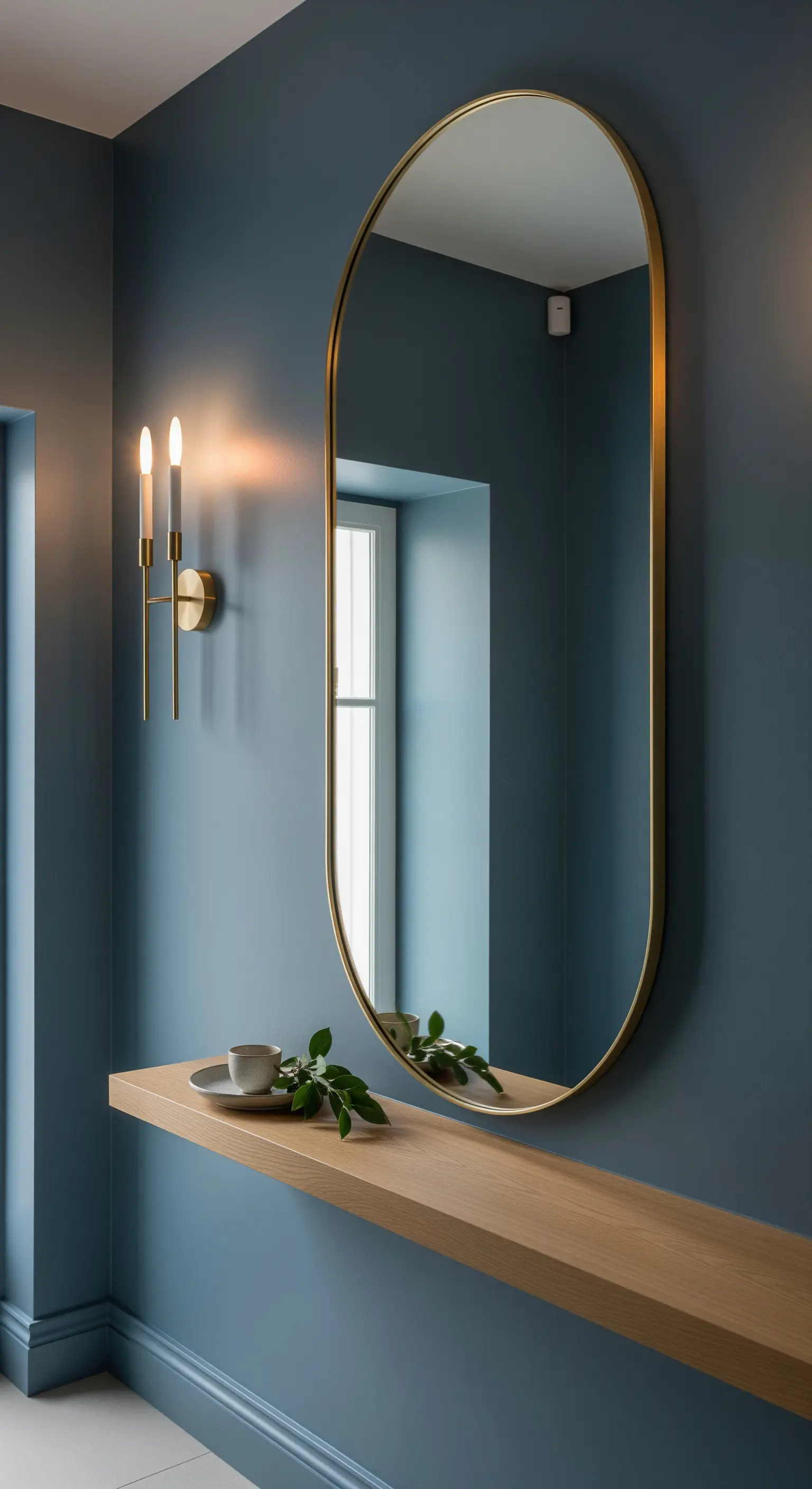 Parete blu-grigia con specchio ovale dorato e mensola sospesa in legno chiaro.