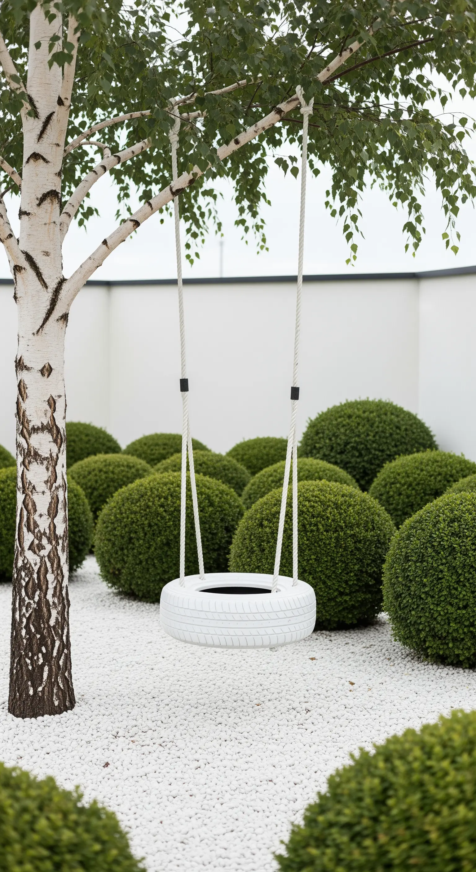 Altalena con pneumatico bianco appesa a una betulla in un giardino minimalista con ghiaia.