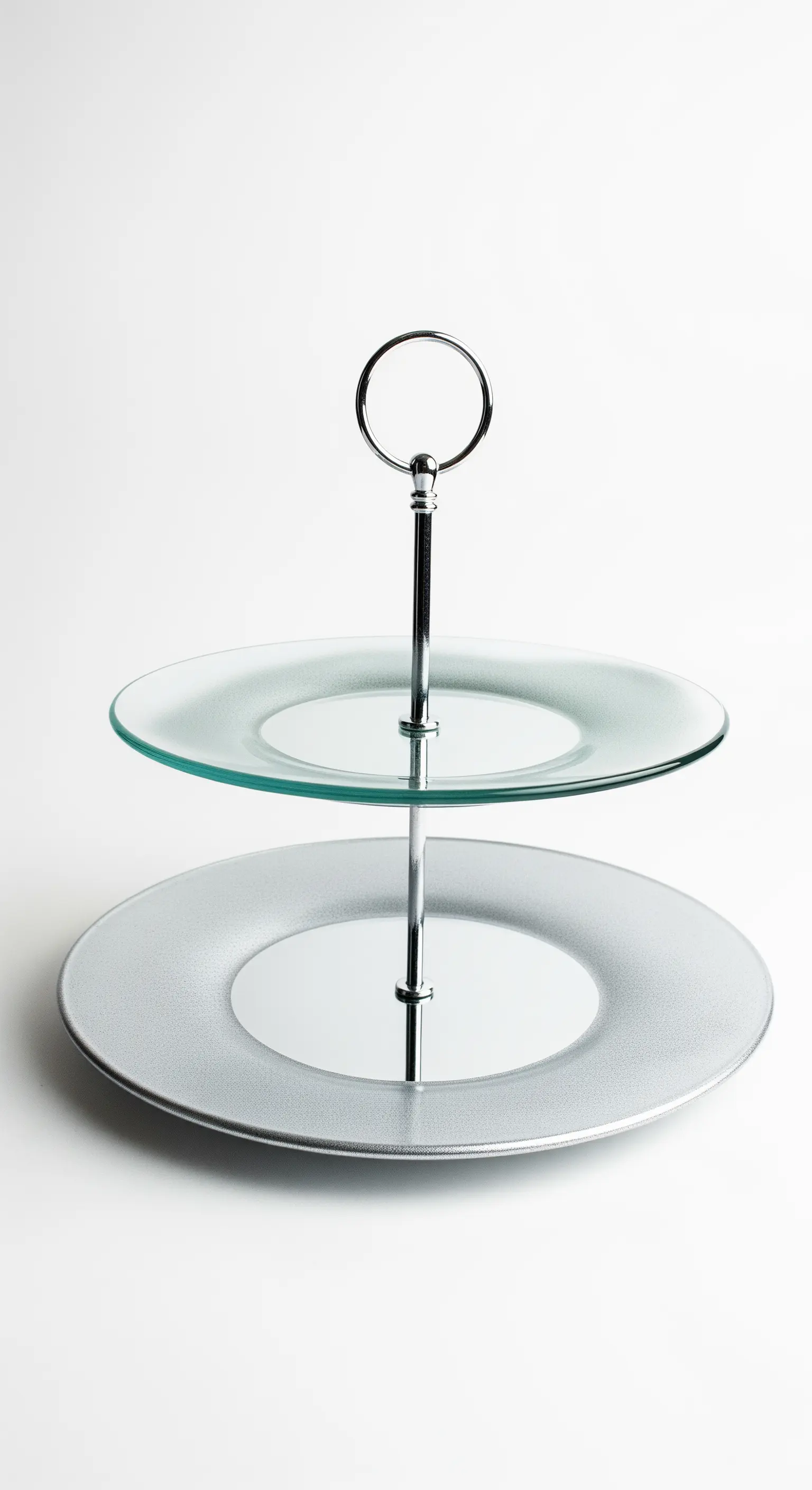 Alzata a due piani in vetro satinato con asta e manico centrale in acciaio cromato