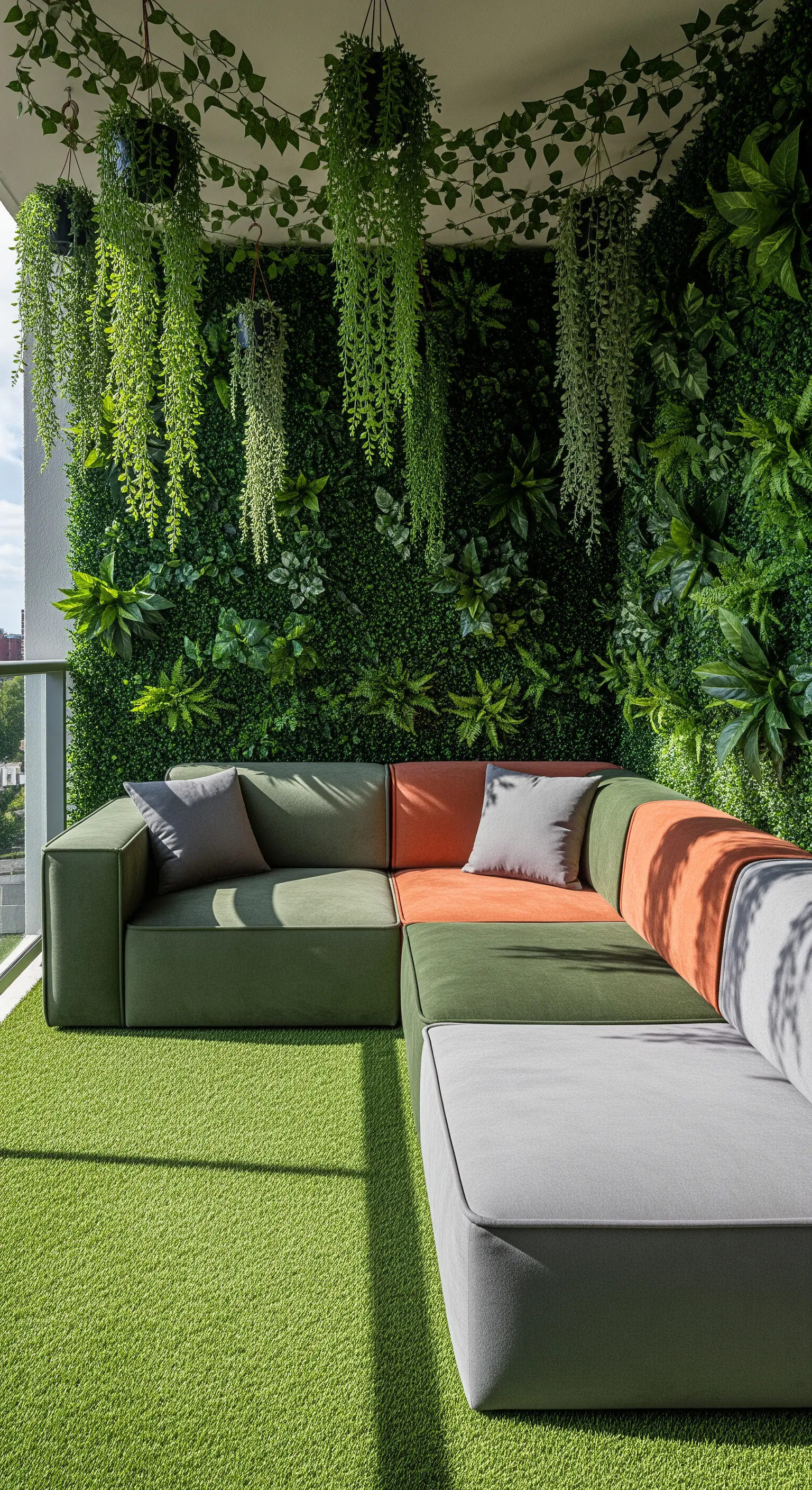 Divano modulare colorato (verde, arancione, grigio) su un balcone con erba sintetica e piante pendenti.