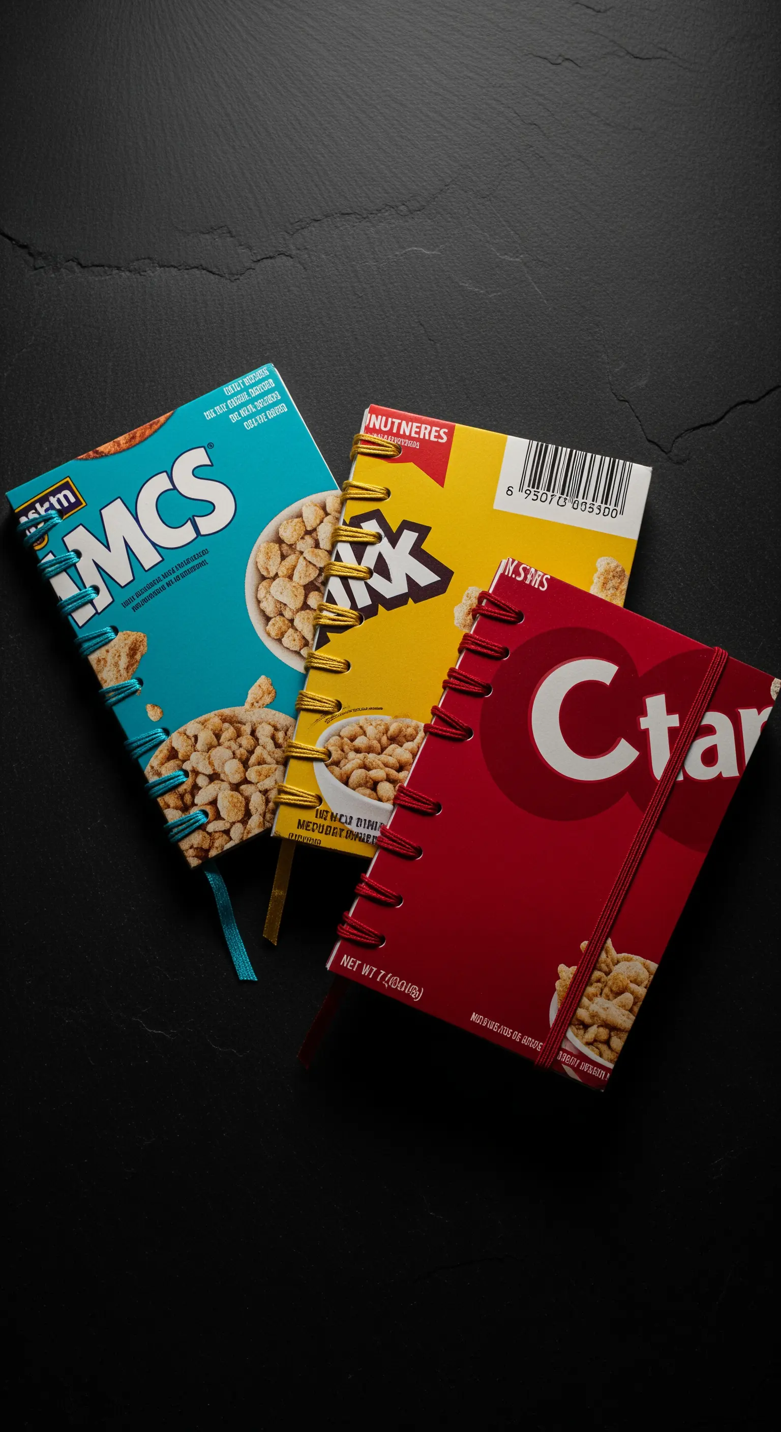 Quaderni con rilegatura a spirale le cui copertine sono fatte con scatole di cereali riciclate.