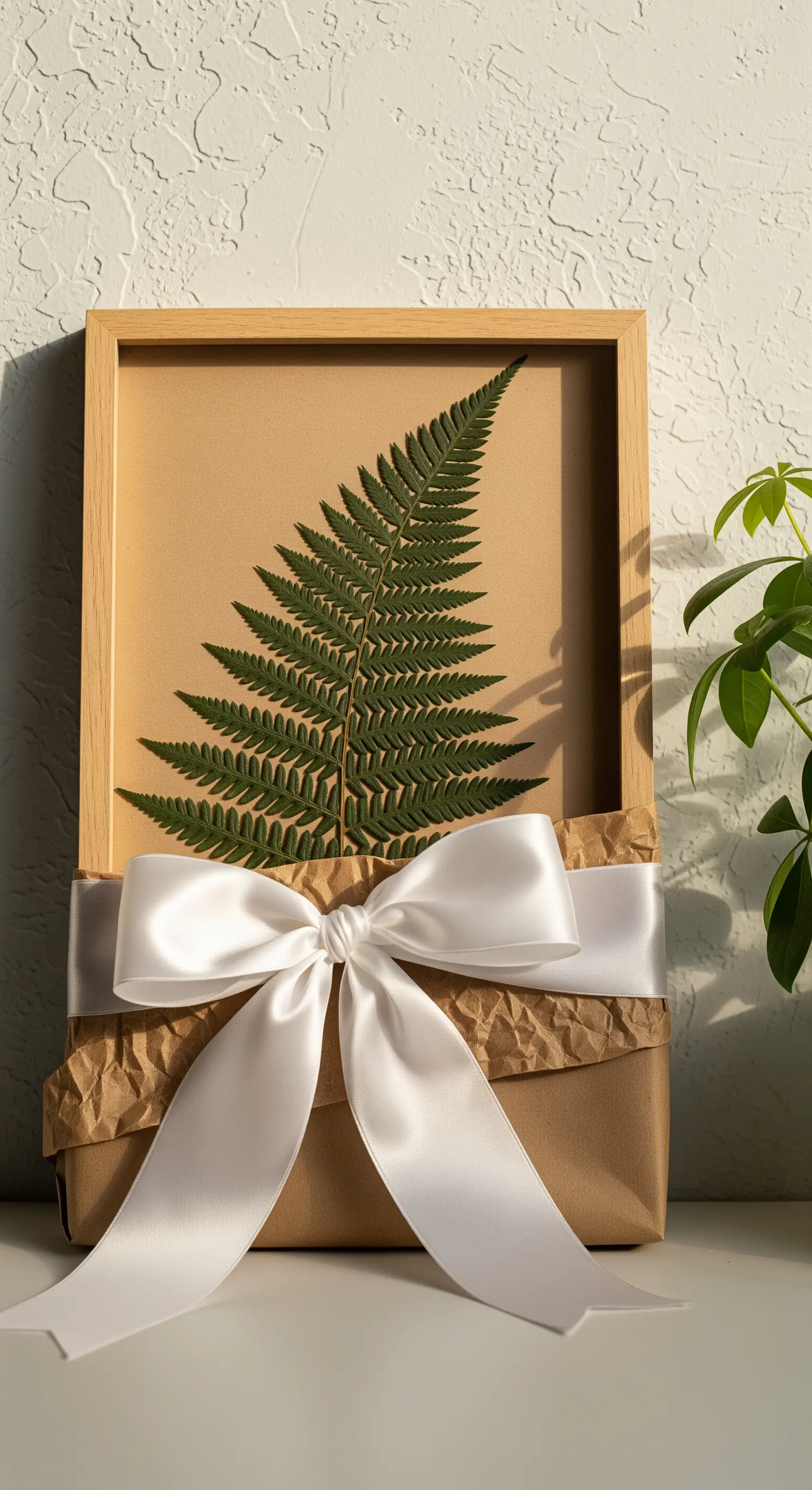 Foglia di felce pressata e incorniciata su uno sfondo di carta kraft, dentro una scatola regalo.