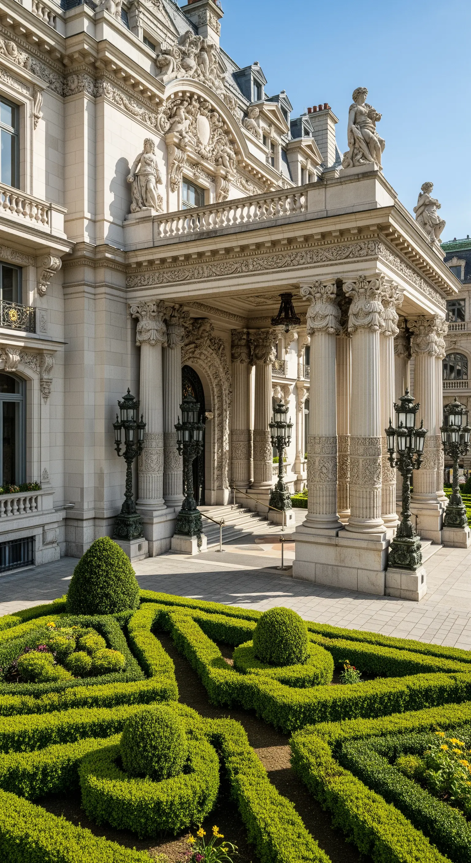 Facciata barocca con portico imponente, colonne corinzie, statue e un giardino alla francese