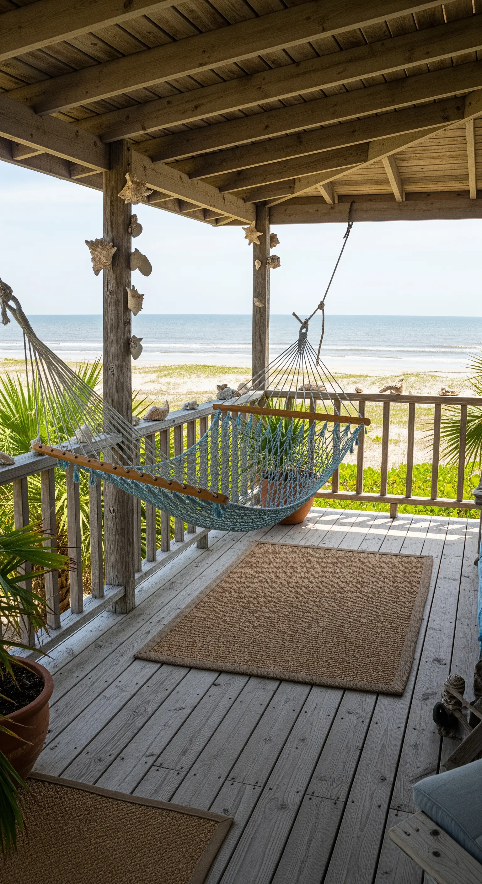 Portico in legno con amaca blu e vista sulla spiaggia e sull'oceano.